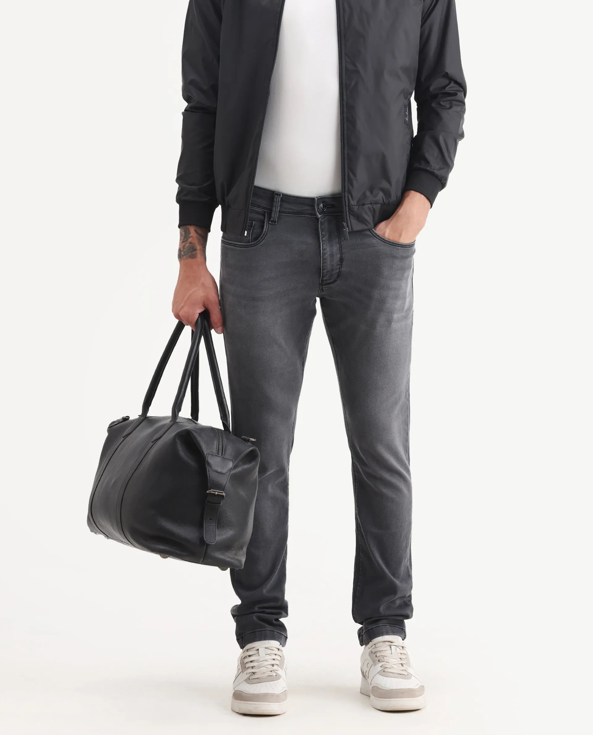 Rare Rabbit Men's Switz-1 Dark Grey Cotton Blend Fabric Hawk Slim Plain Jeans