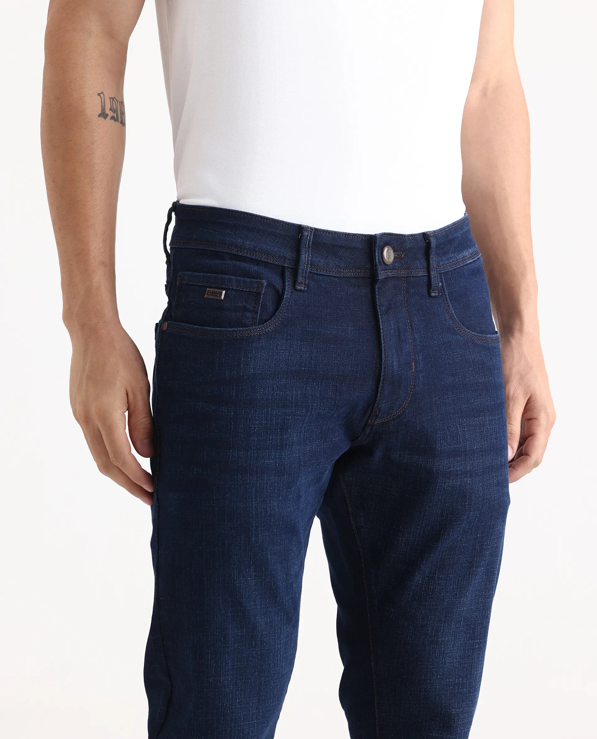 Rare Rabbit Men's Ledo-1 Dark Navy Cotton Blend Fabric Hawk Slim Plain Jeans