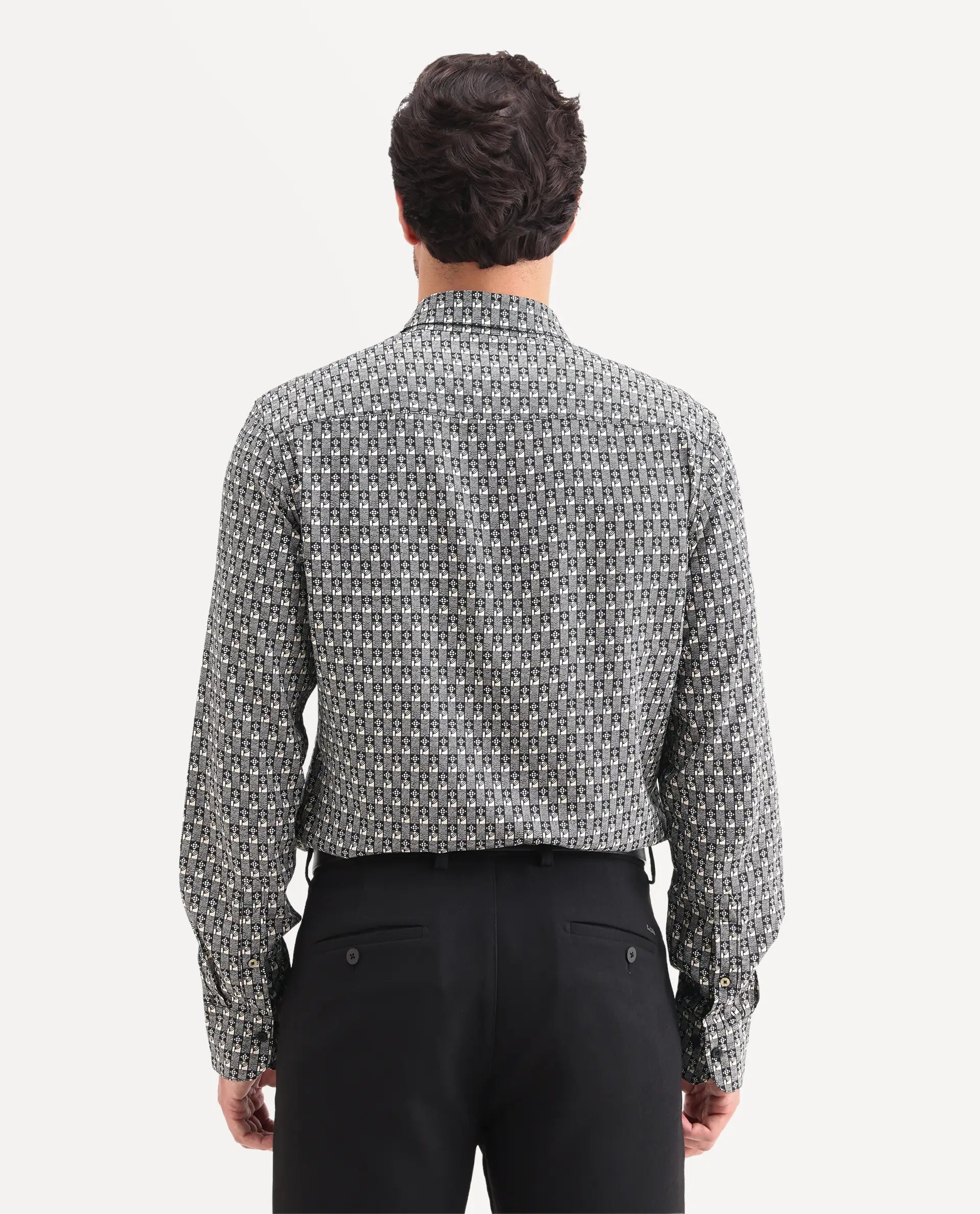 Rare Rabbit Men's Vitry-25 Black Viscose Blend Fabric Spread Collar Regular Fit Jacquard Shirt