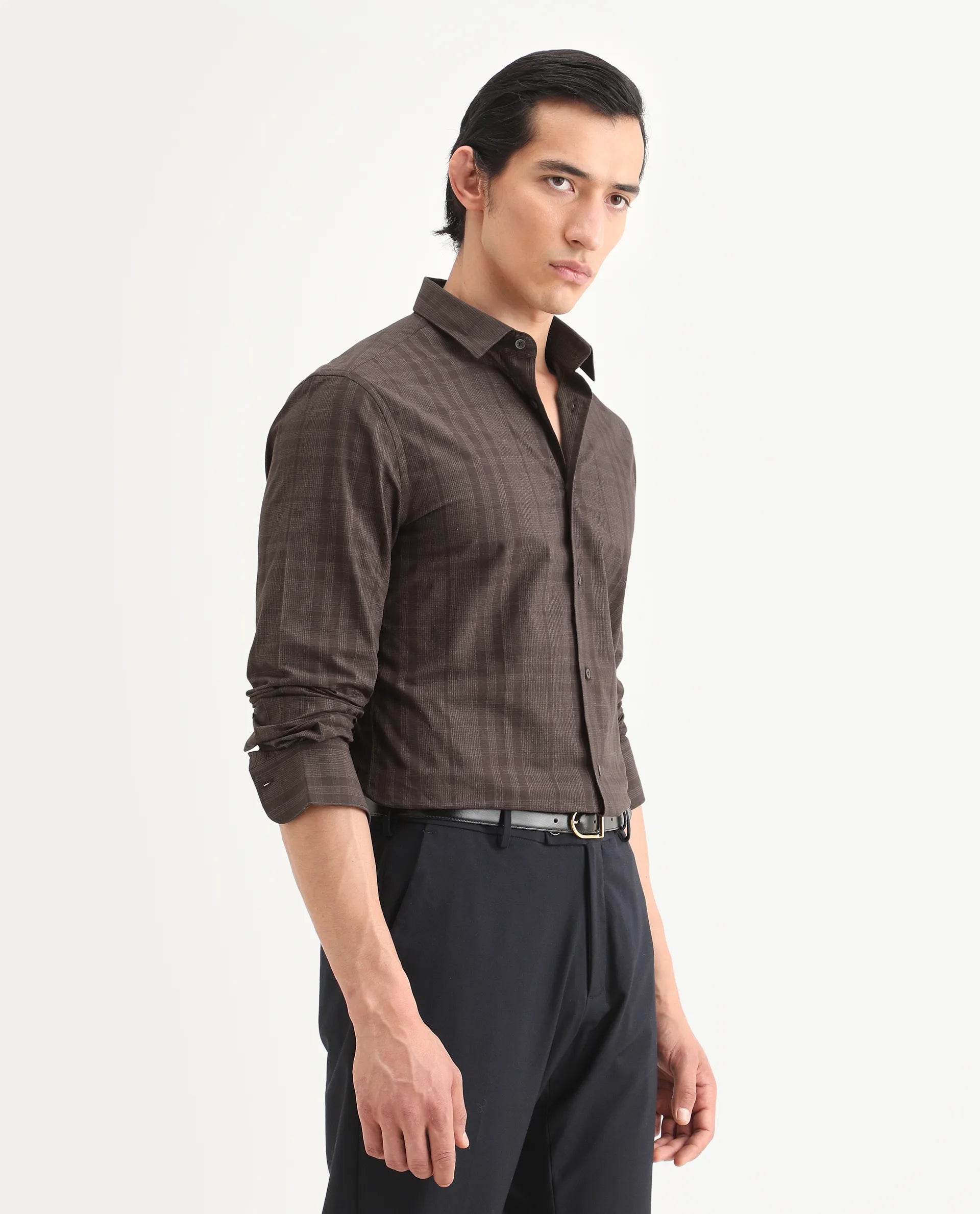 Rare Rabbit Men's Naro-25 Brown Cotton Checked Print Regular Fit Full Sleeve Spread Collar Shirt