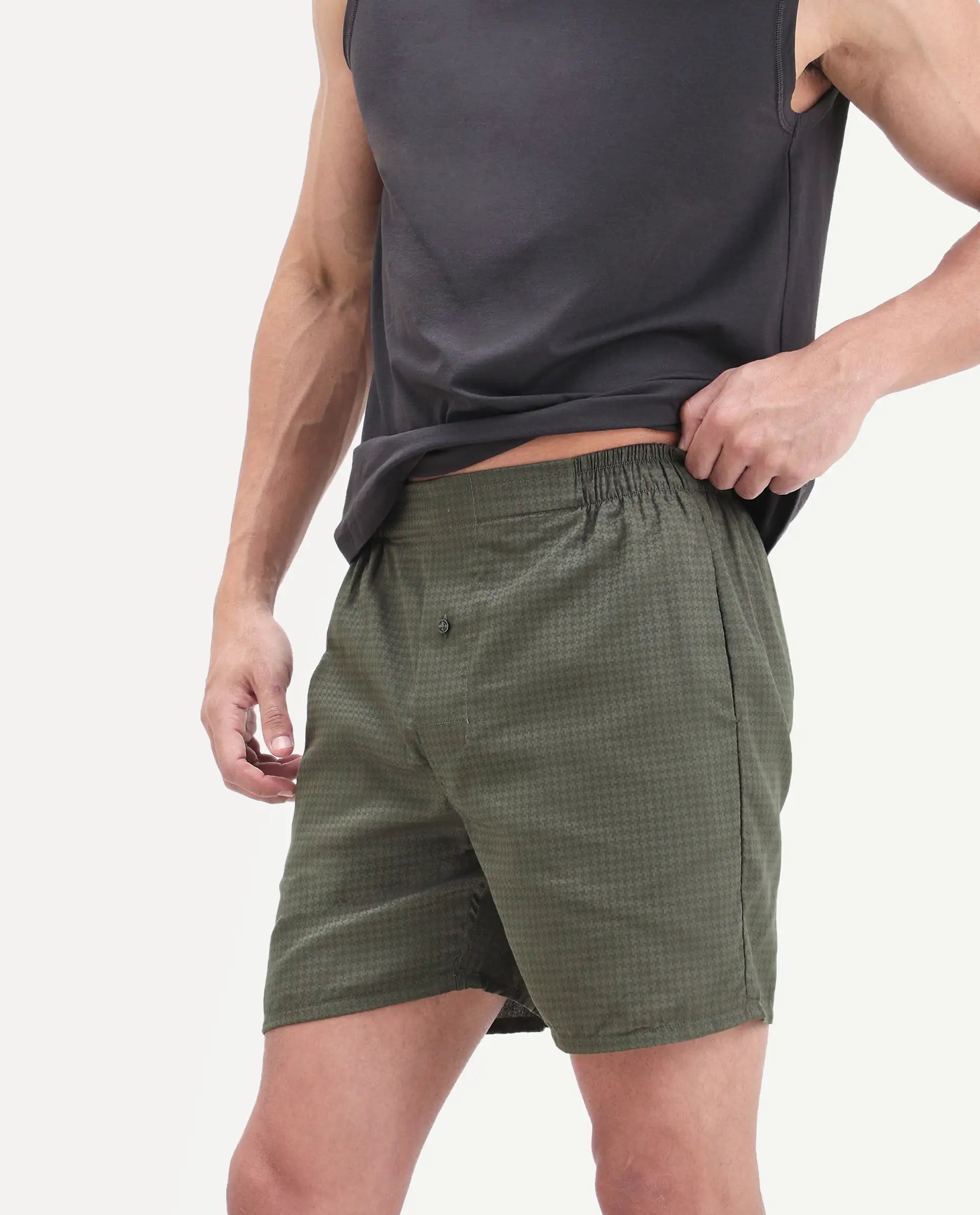 Rare Rabbit Men's Cean Olive Cotton Fabric Regular Fit Checks Boxer