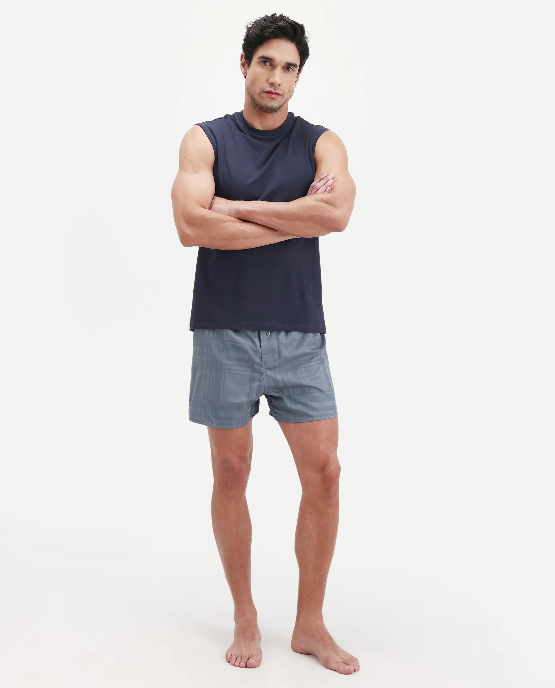 Rare Rabbit Men's Deval Dark Grey Cotton Blend Fabric Regular Fit Checks Boxer