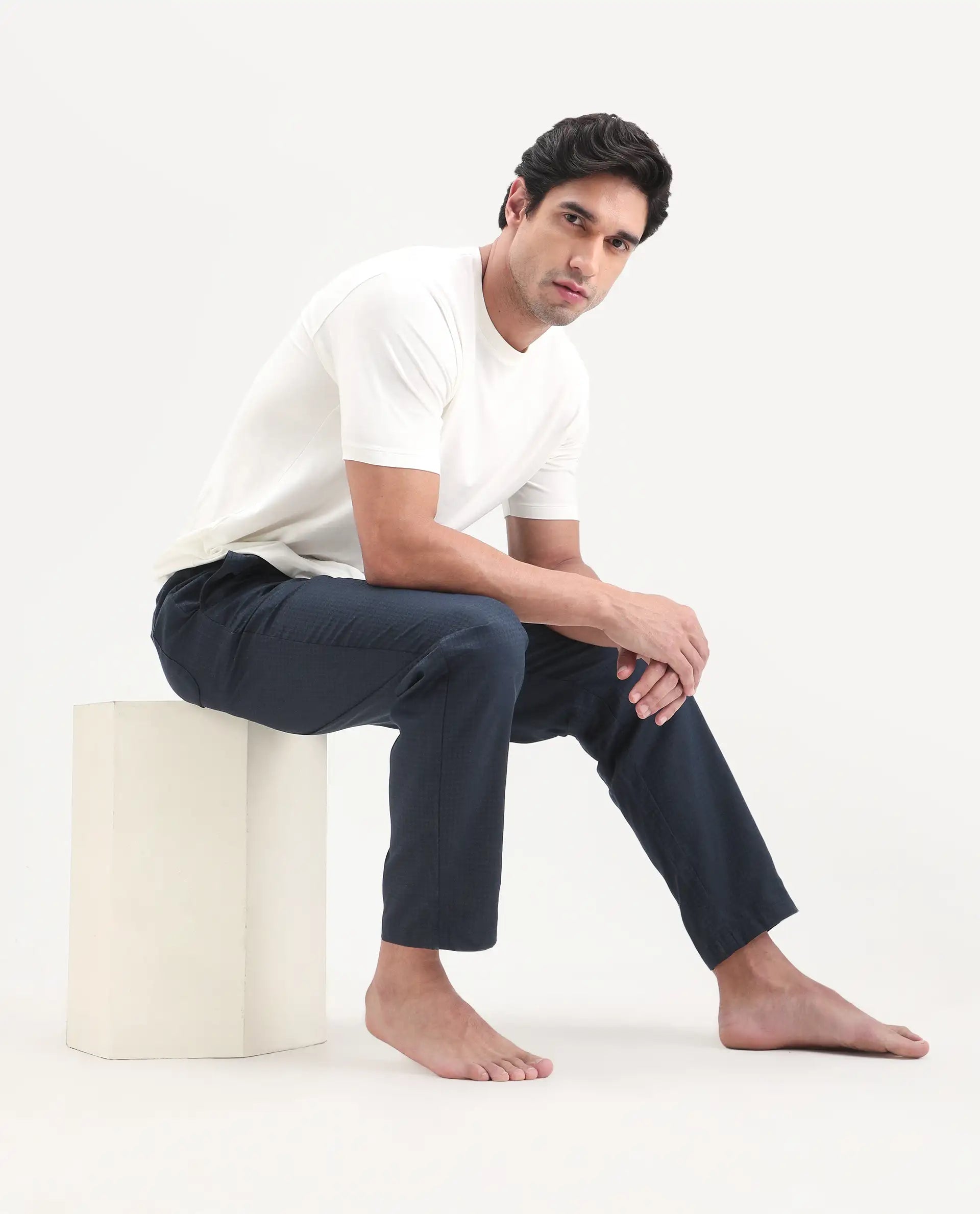 Rare Rabbit Men's Mariv Navy Cotton Fabric Regular Fit Checks Pajama