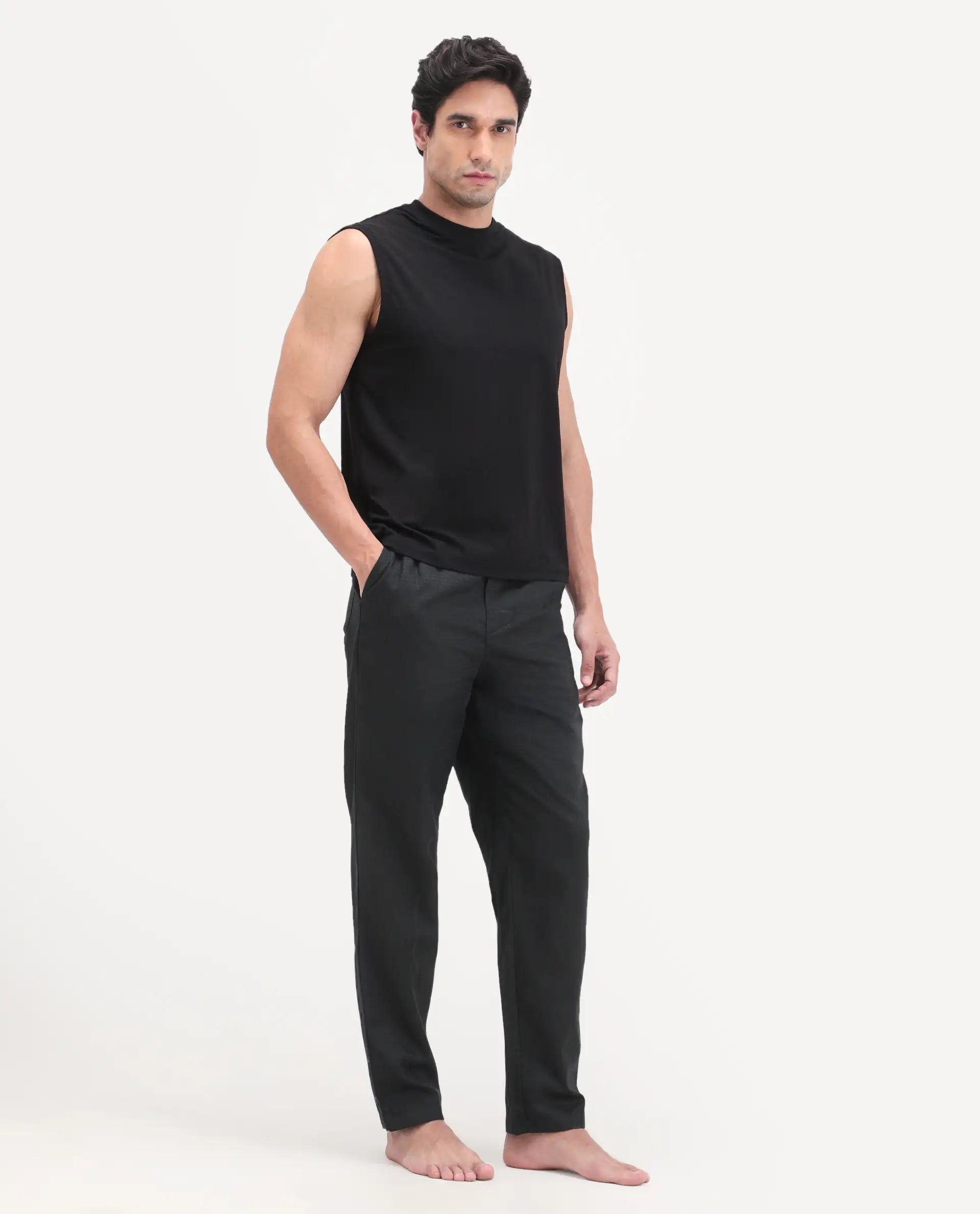 Rare Rabbit Men's Mariv Black Cotton Fabric Regular Fit Checks Pajama