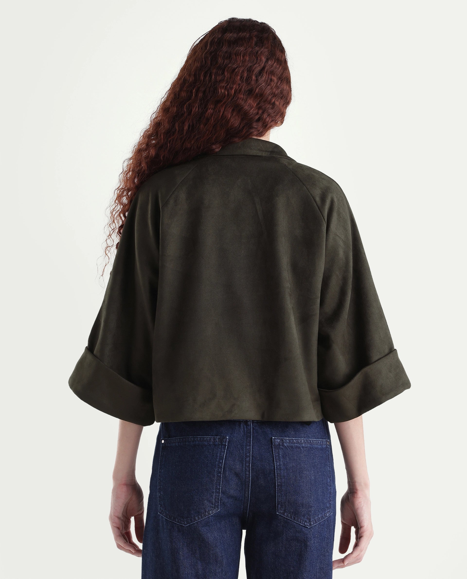 Rareism Women's Vacape Olive Plain Polyester Blend Relaxed Three Quarter Sleeve Jacket