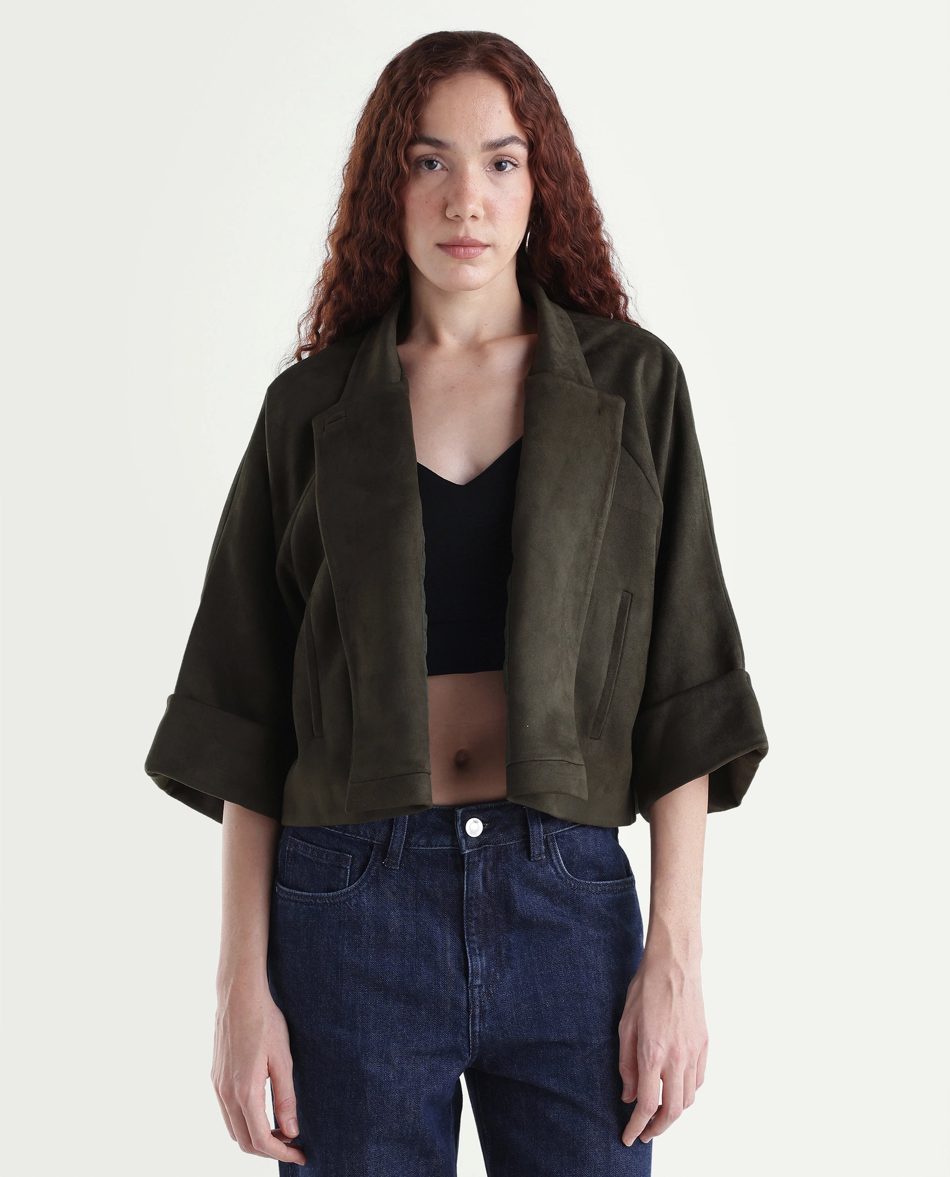 Rareism Women's Vacape Olive Plain Polyester Blend Relaxed Three Quarter Sleeve Jacket
