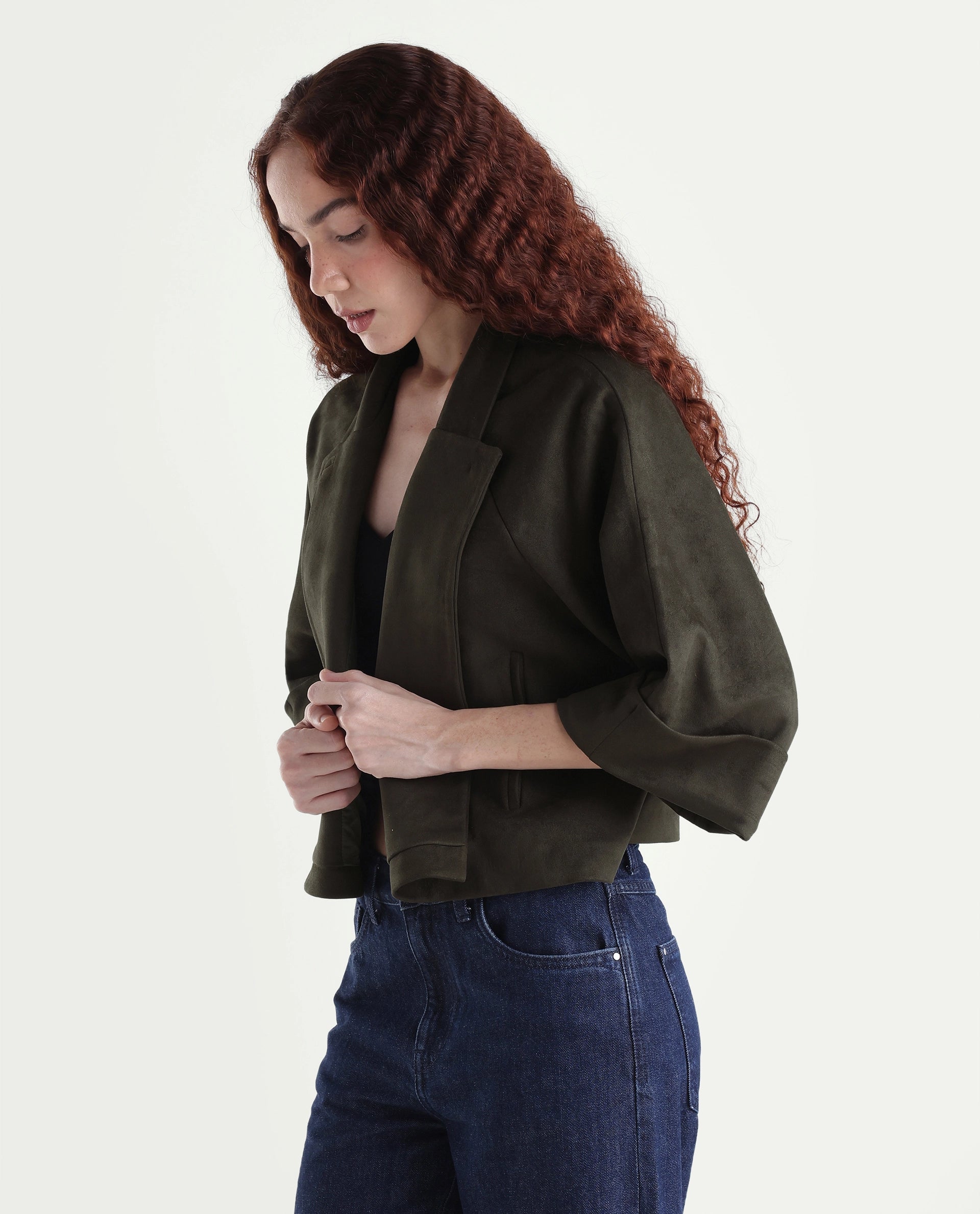 Rareism Women's Vacape Olive Plain Polyester Blend Relaxed Three Quarter Sleeve Jacket
