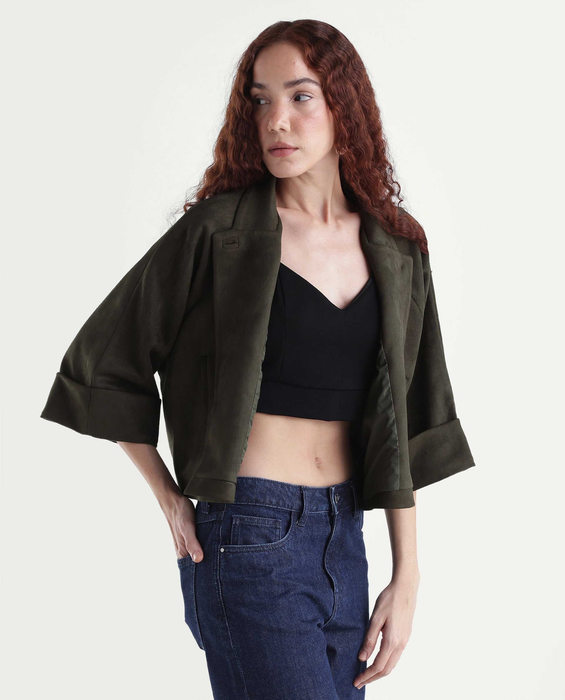 Rareism Women's Vacape Olive Plain Polyester Blend Relaxed Three Quarter Sleeve Jacket