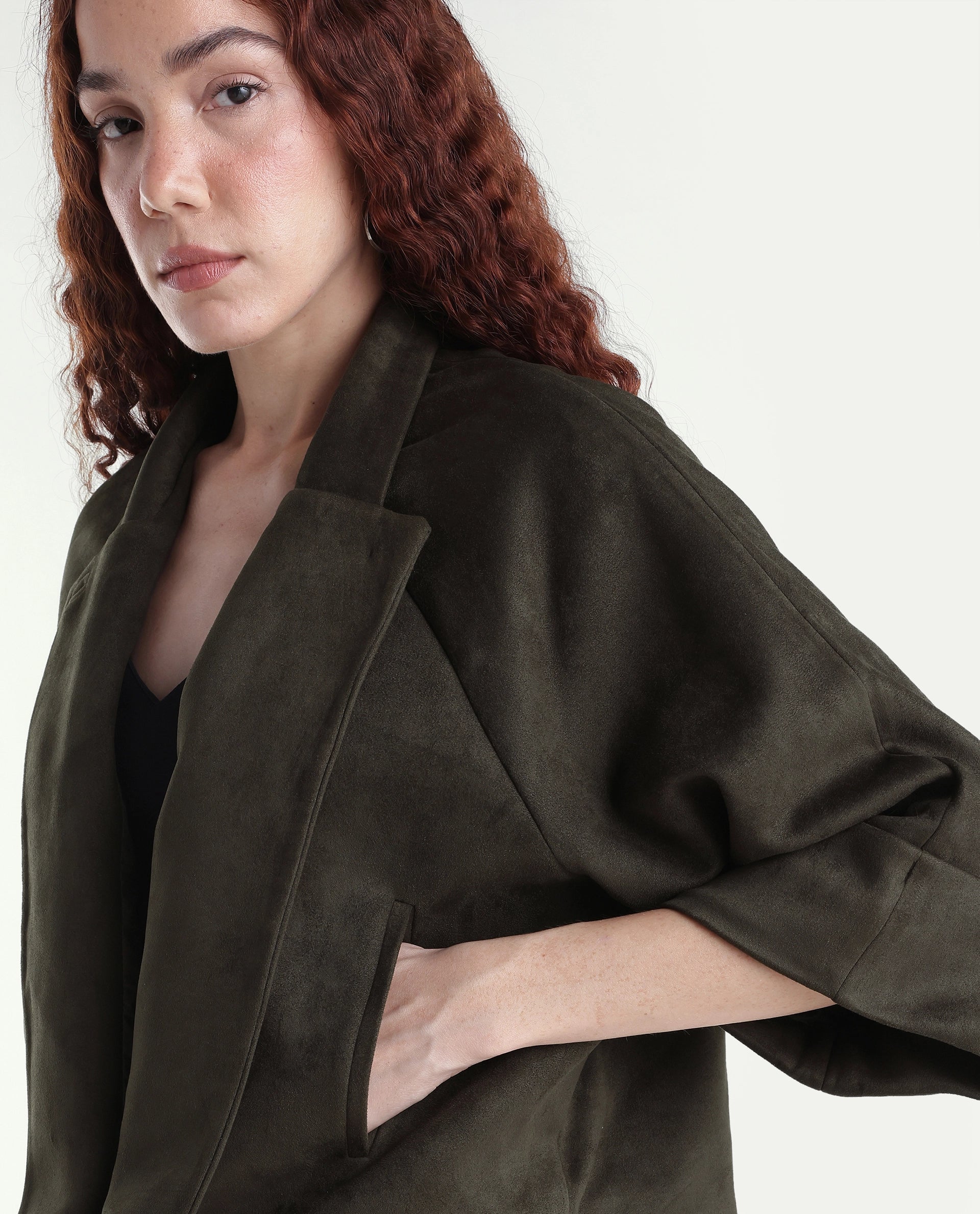 Rareism Women's Vacape Olive Plain Polyester Blend Relaxed Three Quarter Sleeve Jacket