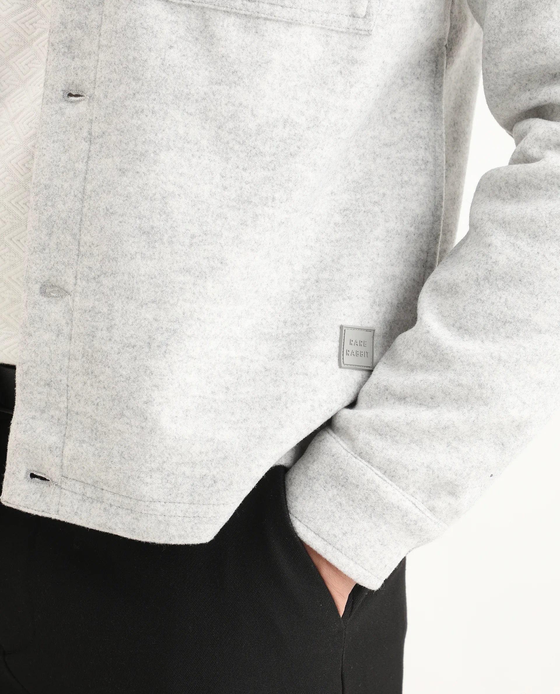 Rare Rabbit Men's Bensko Light Grey Polyester Fabric Spread Collar Regular Fit Plain Jacket