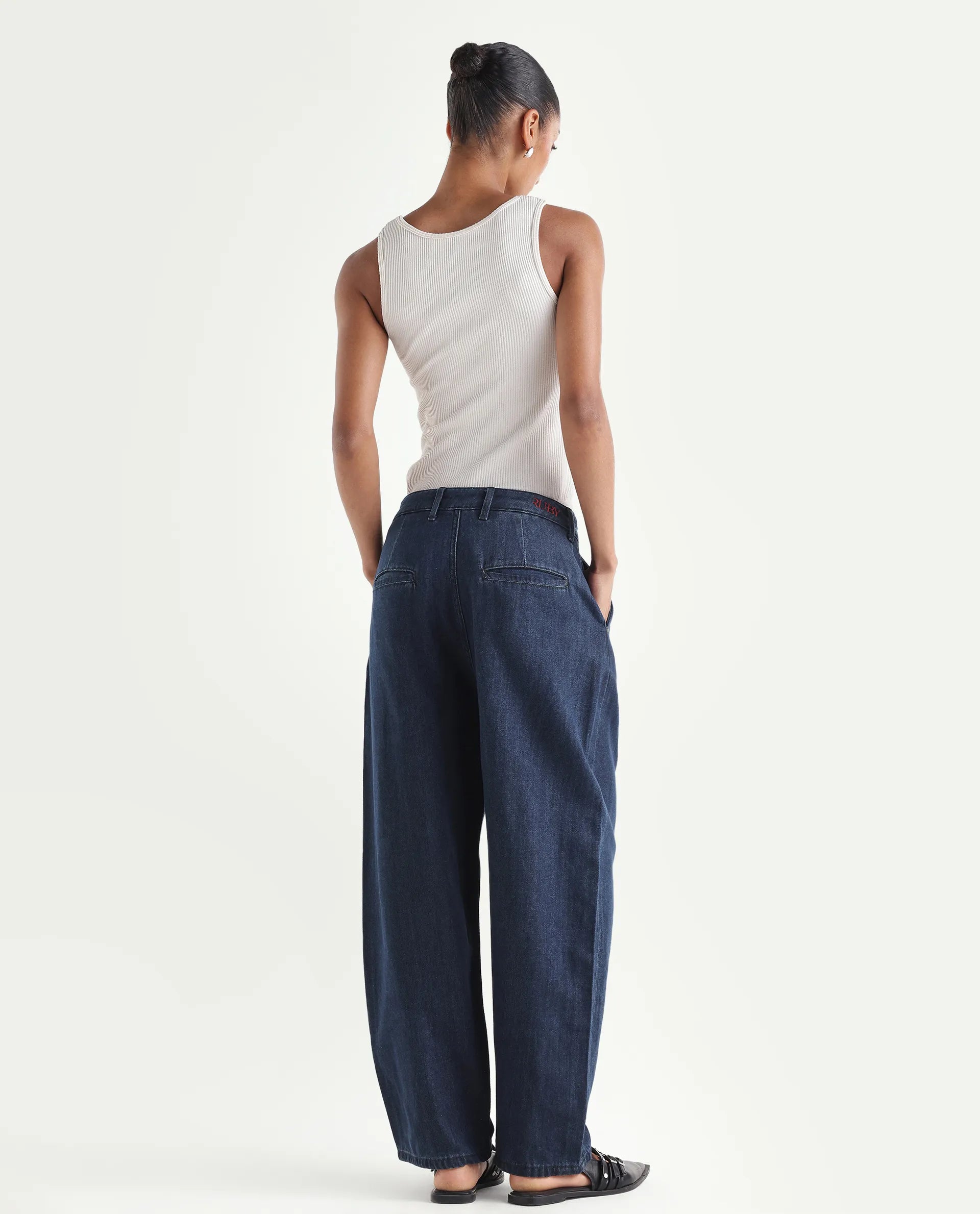Rareism Women's Denop Dark Blue Cotton Tall Barrel Fit Plain Jeans