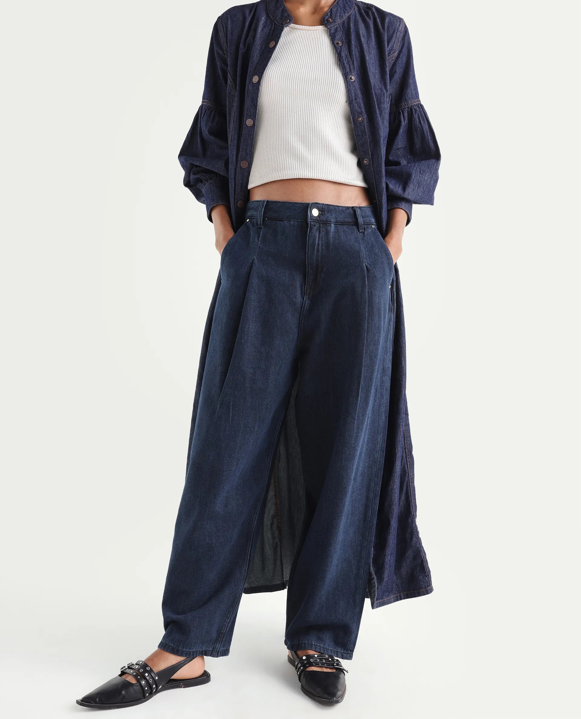 Rareism Women's Denop Dark Blue Cotton Tall Barrel Fit Plain Jeans