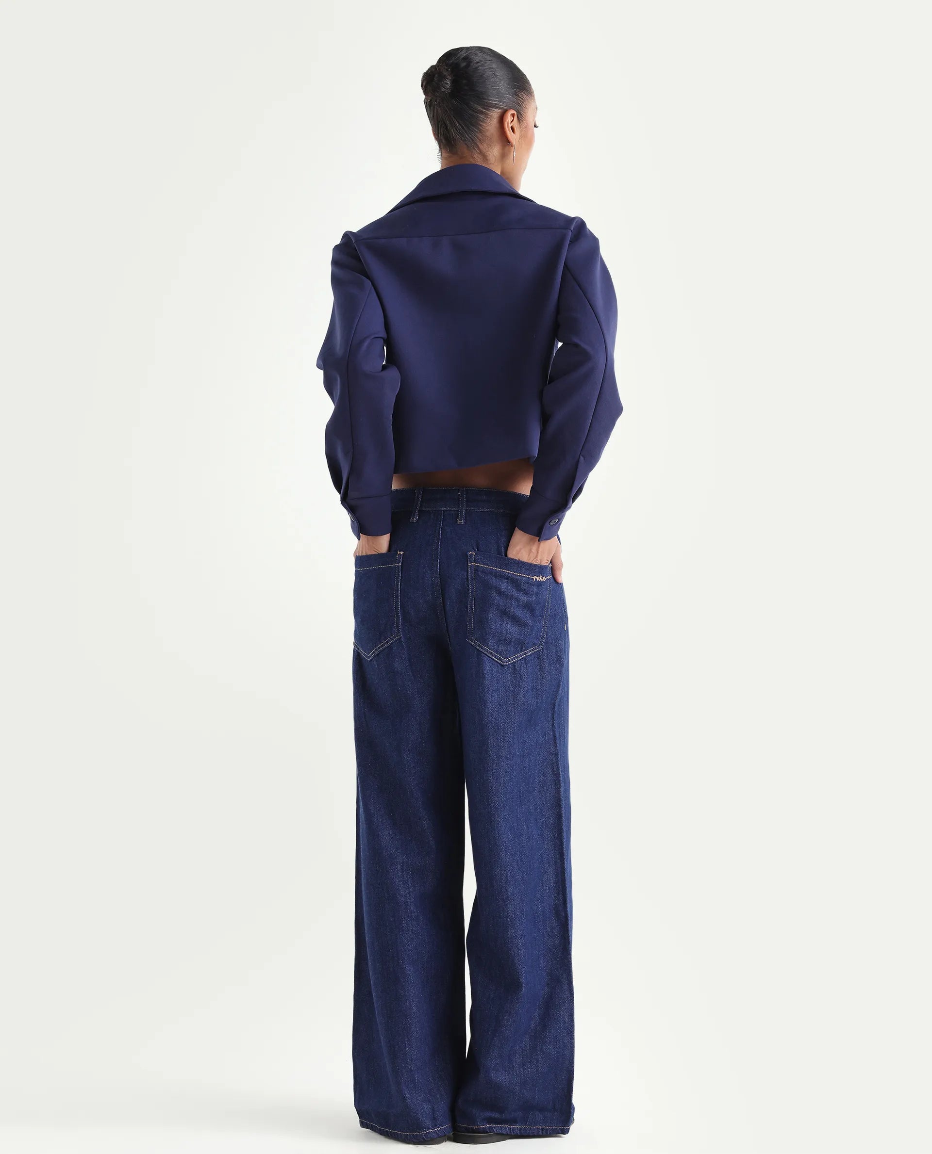 Rareism Women's Denio Dark Blue Cotton Wide Plain Jeans