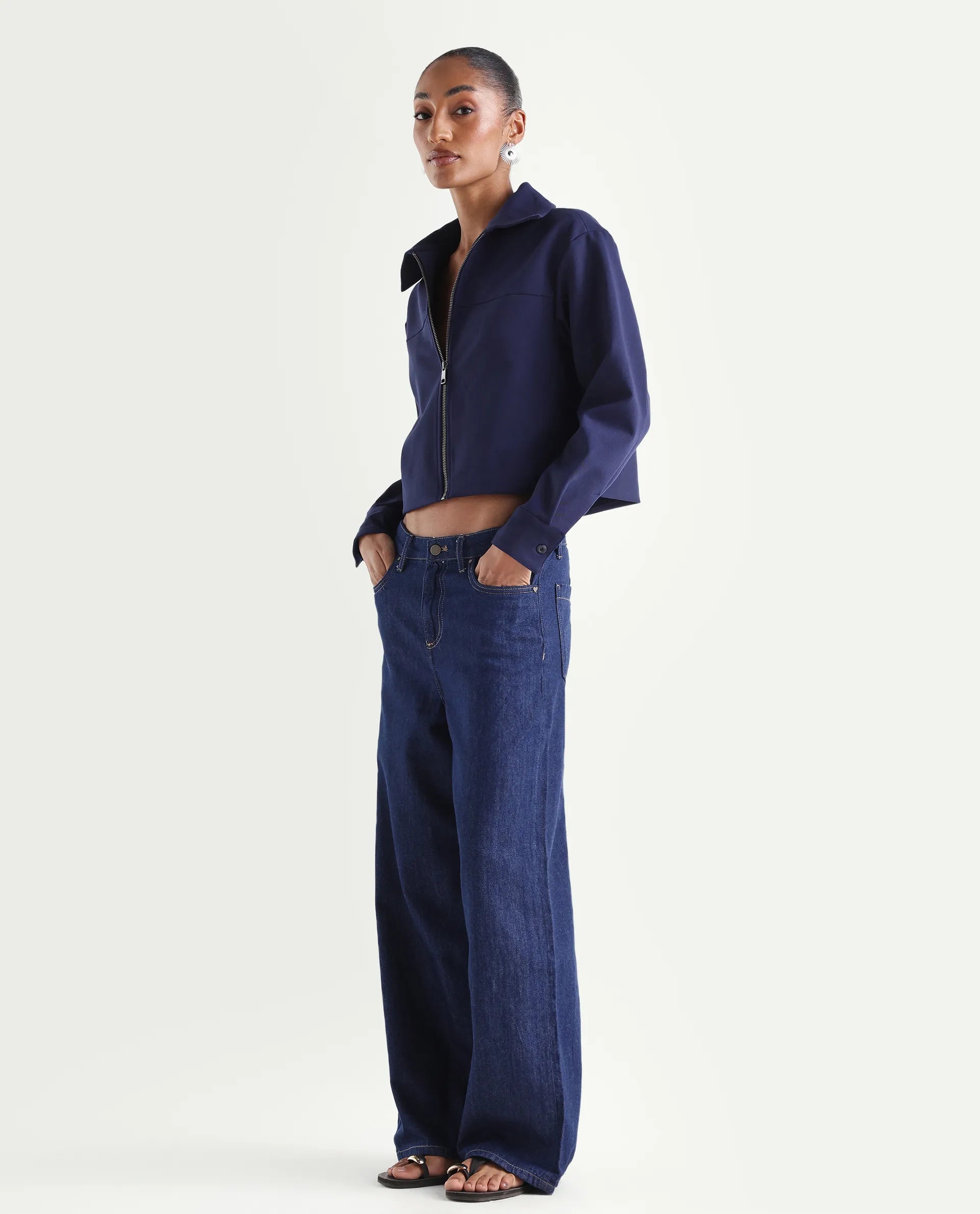 Rareism Women's Denio Dark Blue Cotton Wide Plain Jeans