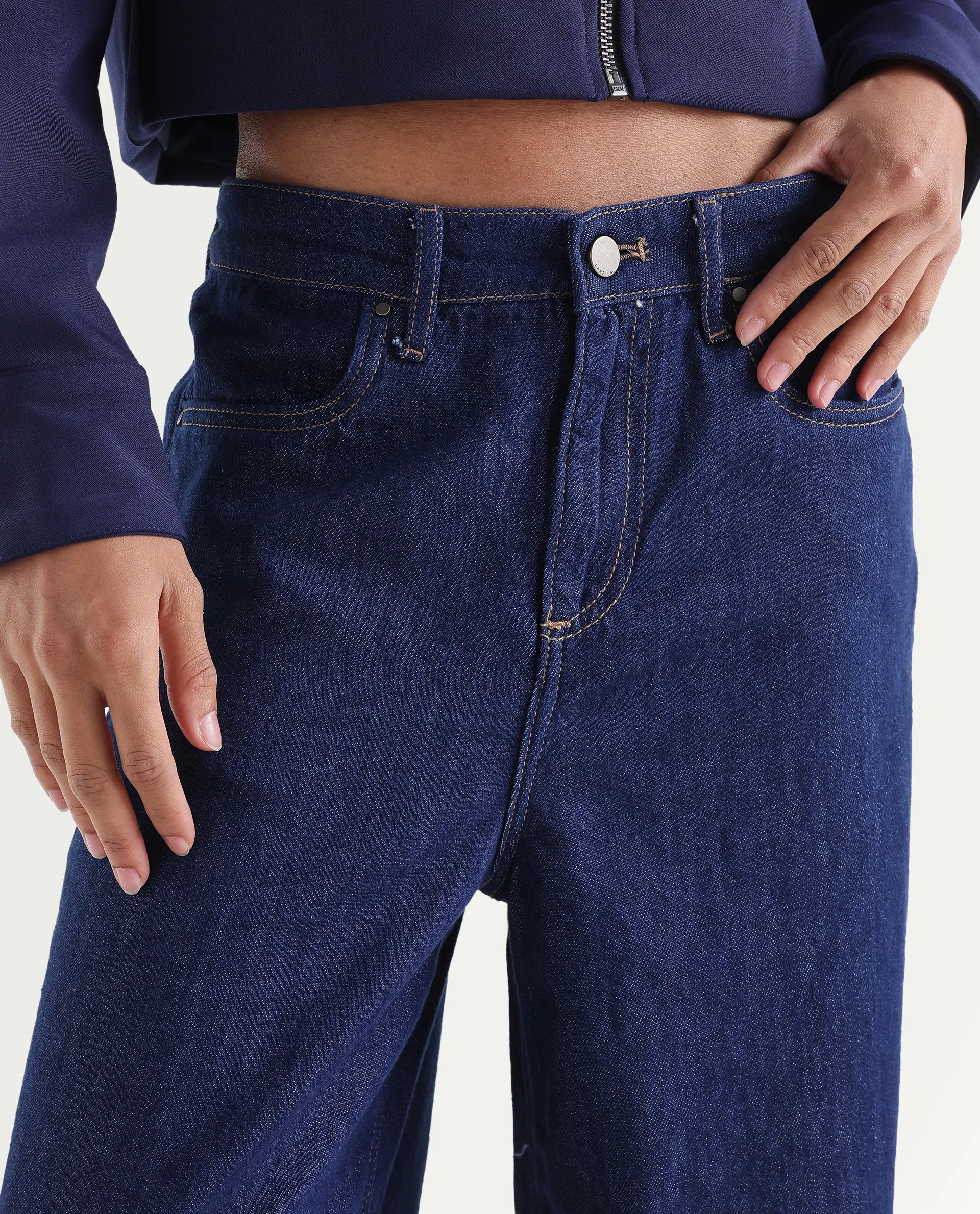 Rareism Women's Denio Dark Blue Cotton Wide Plain Jeans