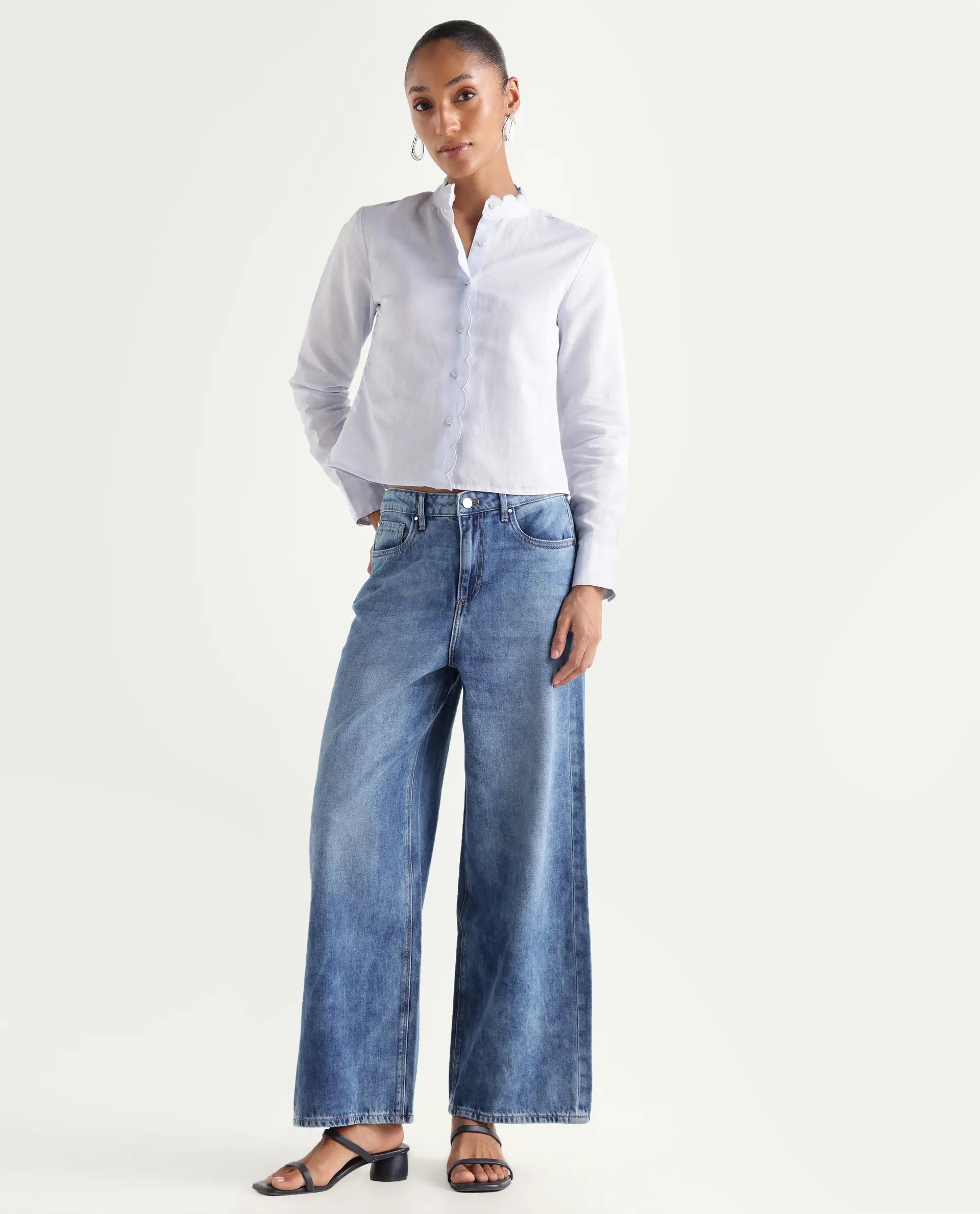 Rareism Women's Denil Light Blue Cotton Wide Leg Plain Jeans