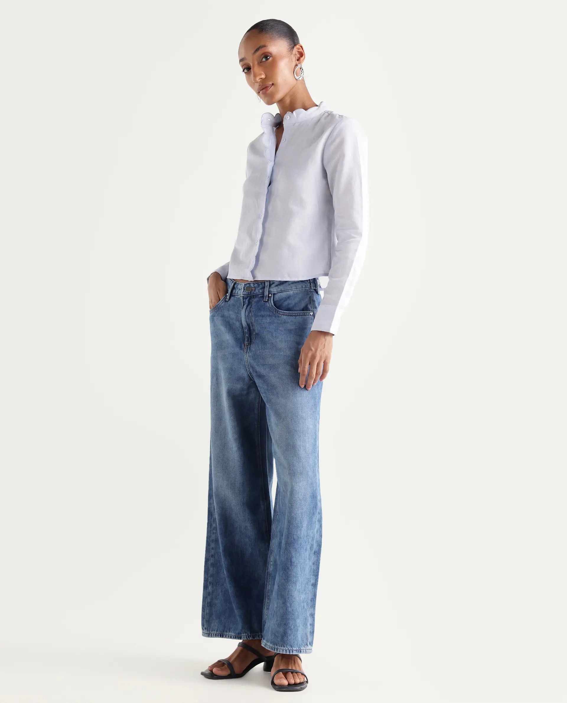 Rareism Women's Denil Light Blue Cotton Wide Leg Plain Jeans