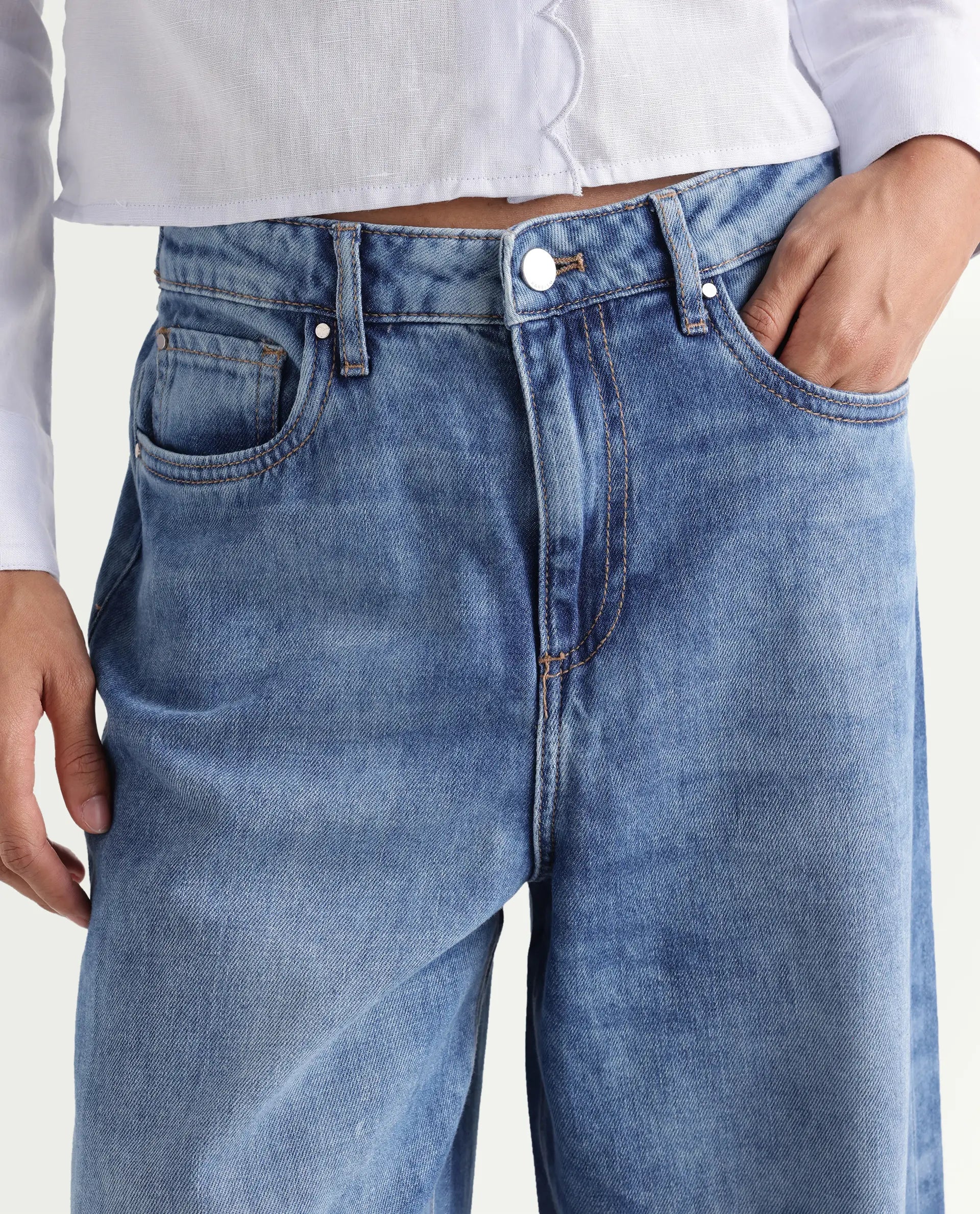 Rareism Women's Denil Light Blue Cotton Wide Leg Plain Jeans