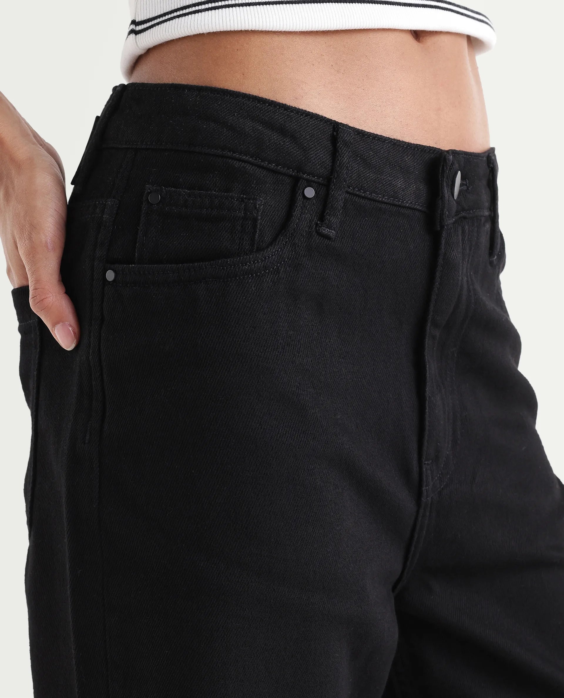 Rareism Women's Denmy Black Cotton Straight Plain Jeans