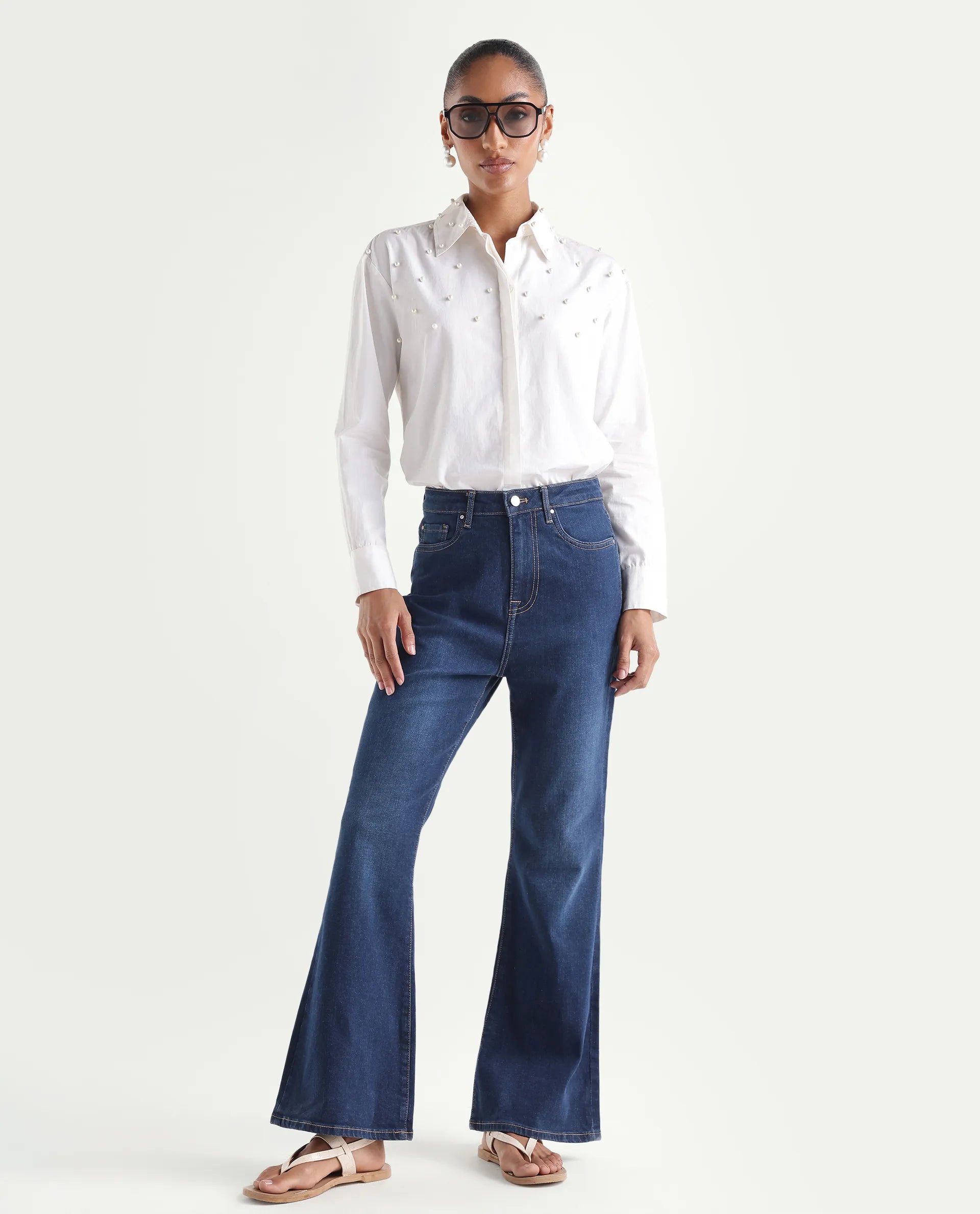 Rareism Women's Denfa Dark Blue Cotton Blend Bootcut Plain Jeans