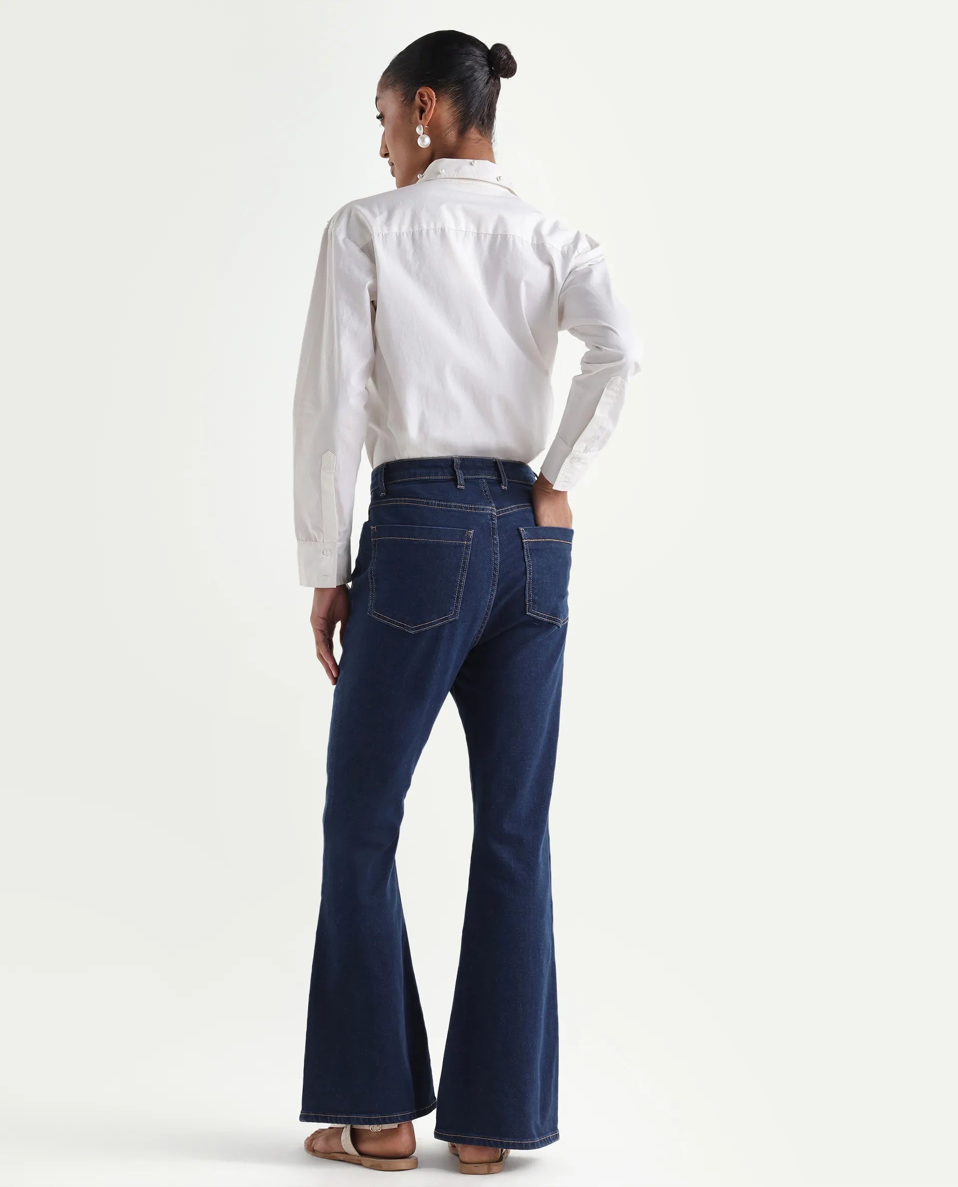 Rareism Women's Denfa Dark Blue Cotton Blend Bootcut Plain Jeans