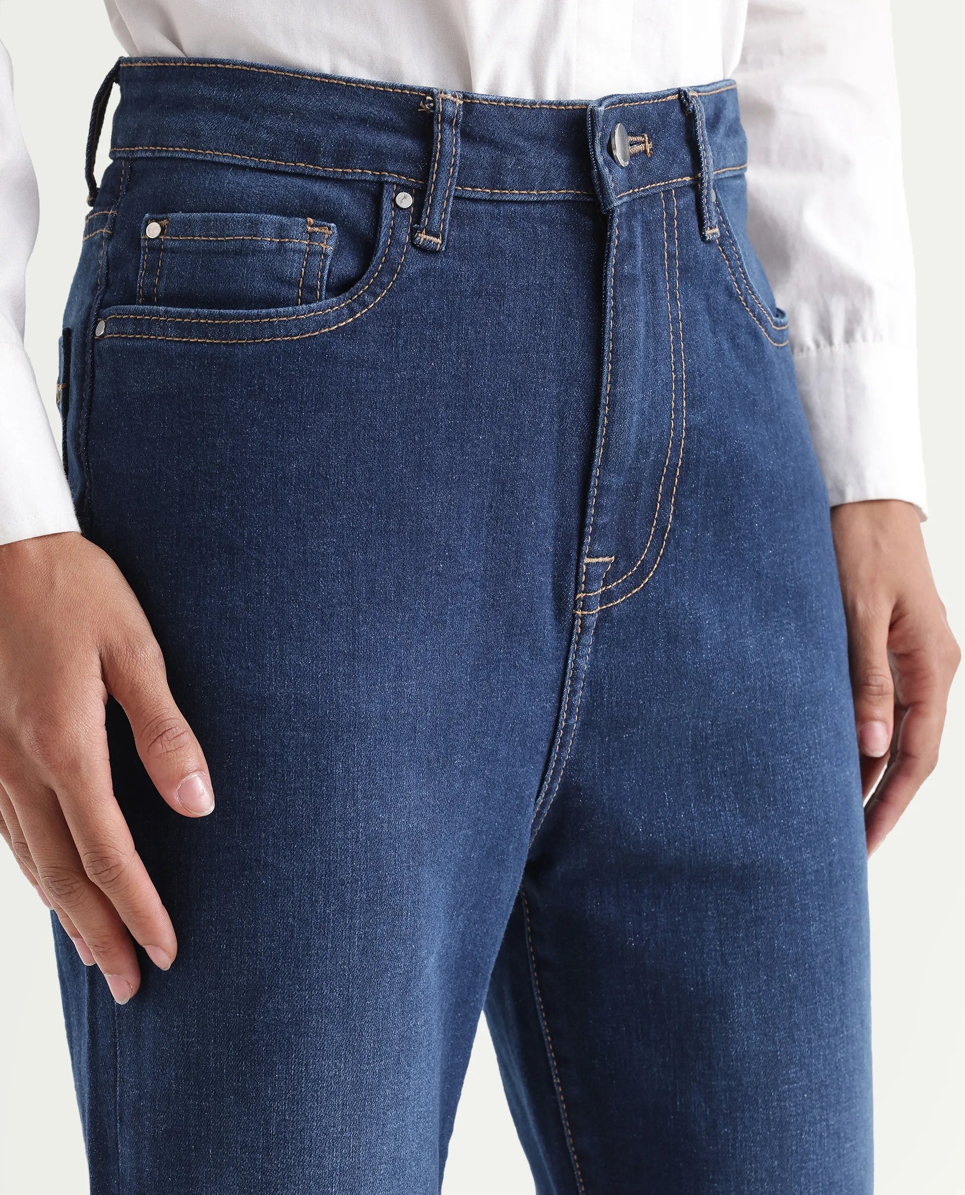 Rareism Women's Denfa Dark Blue Cotton Blend Bootcut Plain Jeans