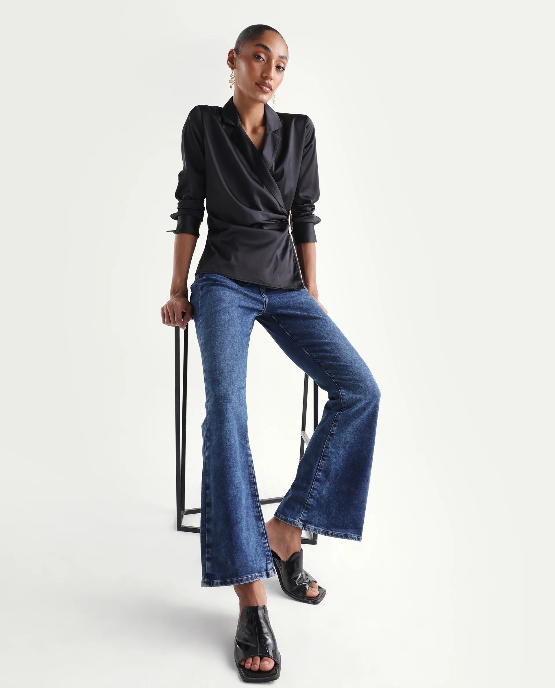 Rareism Women's Denza Blue Cotton Blend Bootcut Plain Jeans