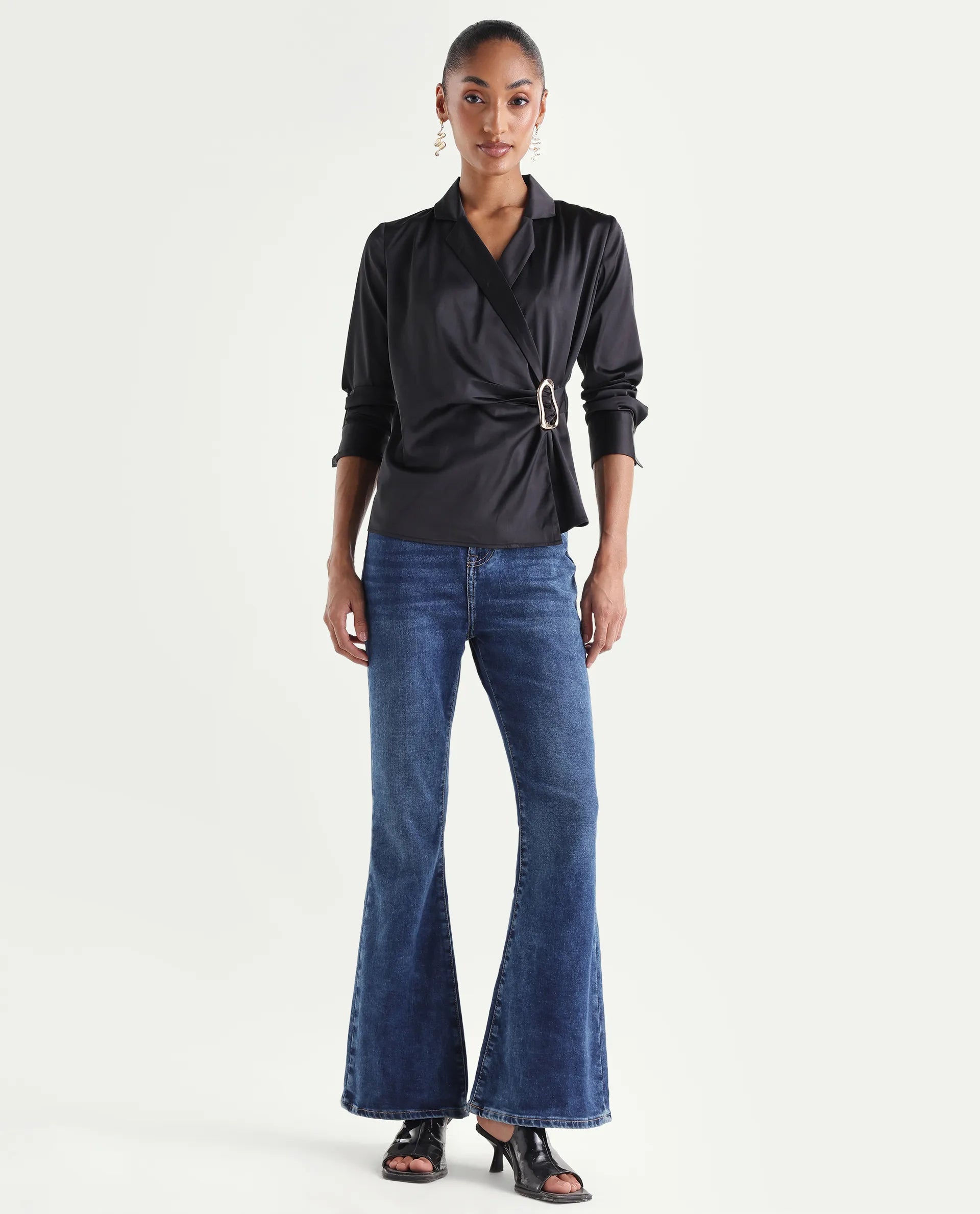Rareism Women's Denza Blue Cotton Blend Bootcut Plain Jeans