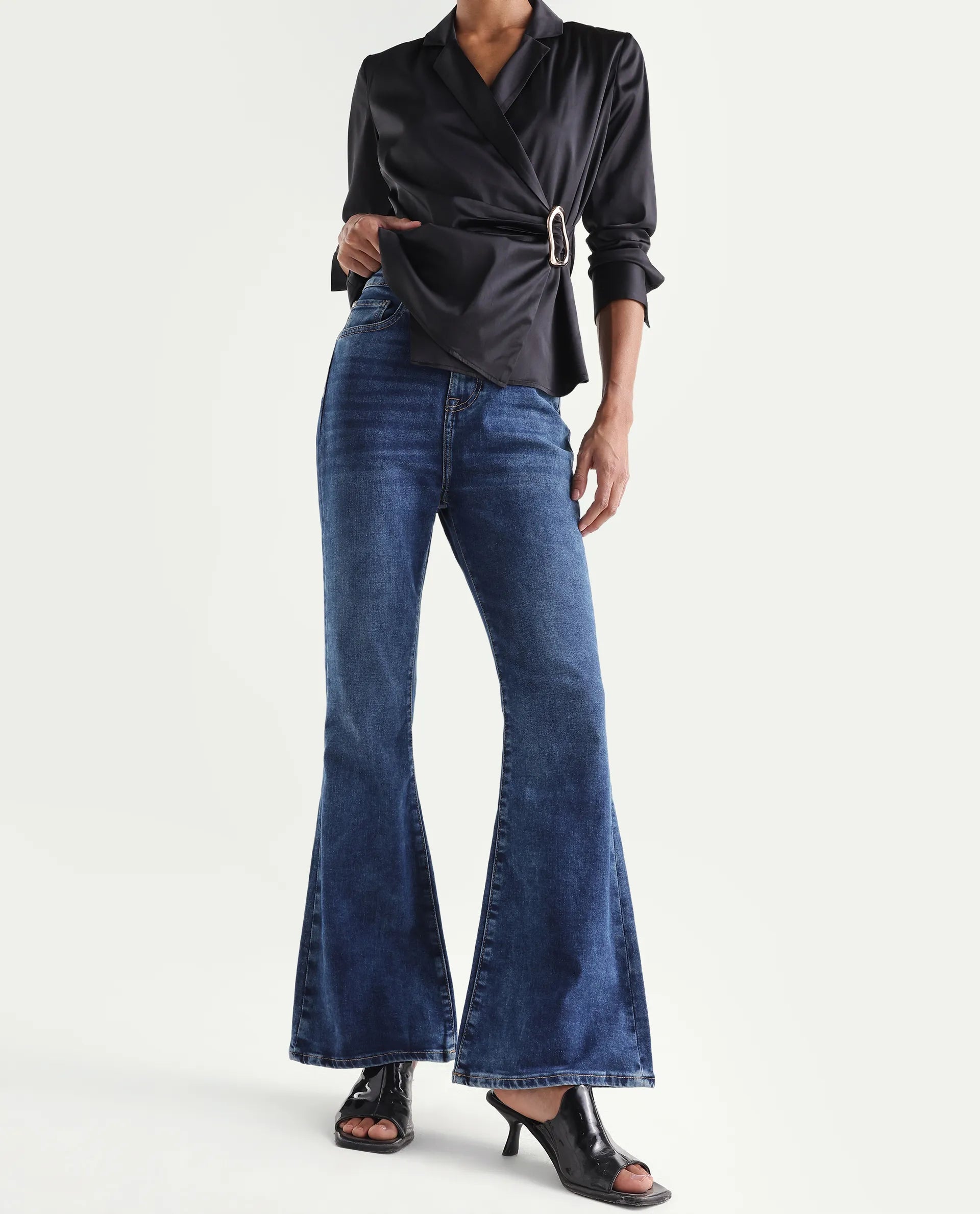 Rareism Women's Denza Blue Cotton Blend Bootcut Plain Jeans