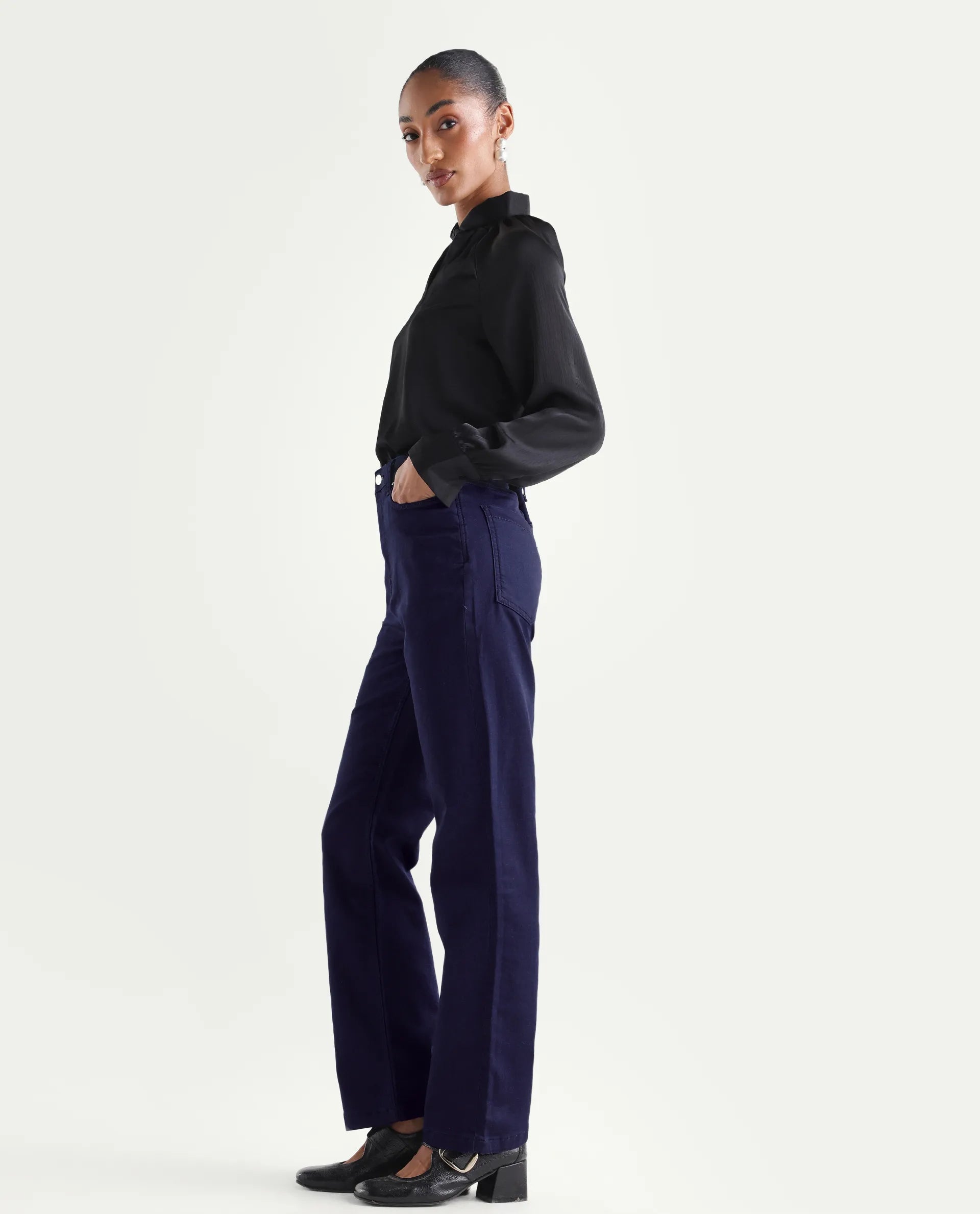 Rareism Women's Denly Navy Cotton Blend Straight Plain Jeans