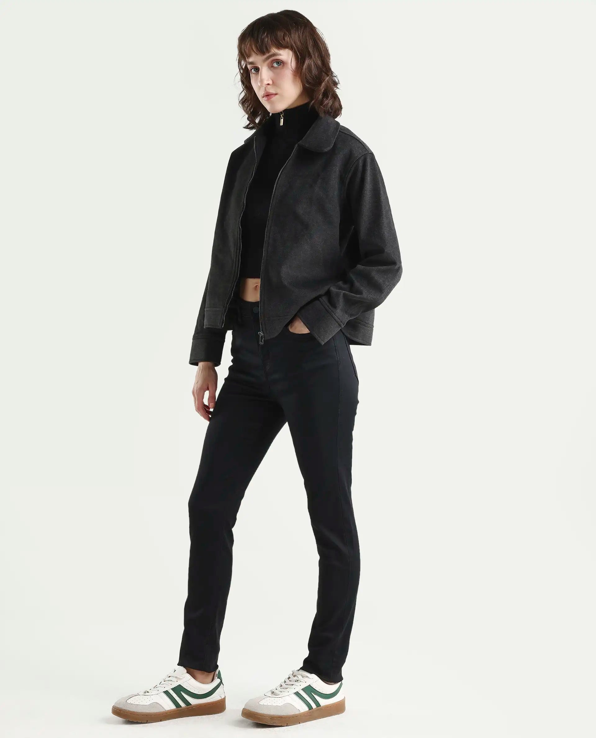 Rareism Women's Denzo Black Cotton Blend Skinny Plain Jeans