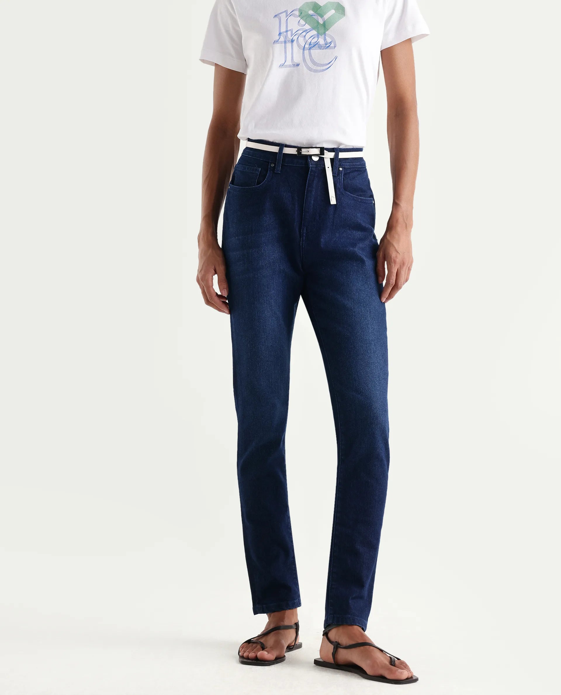 Rareism Women's Denvo Blue Cotton Blend Skinny Plain Jeans