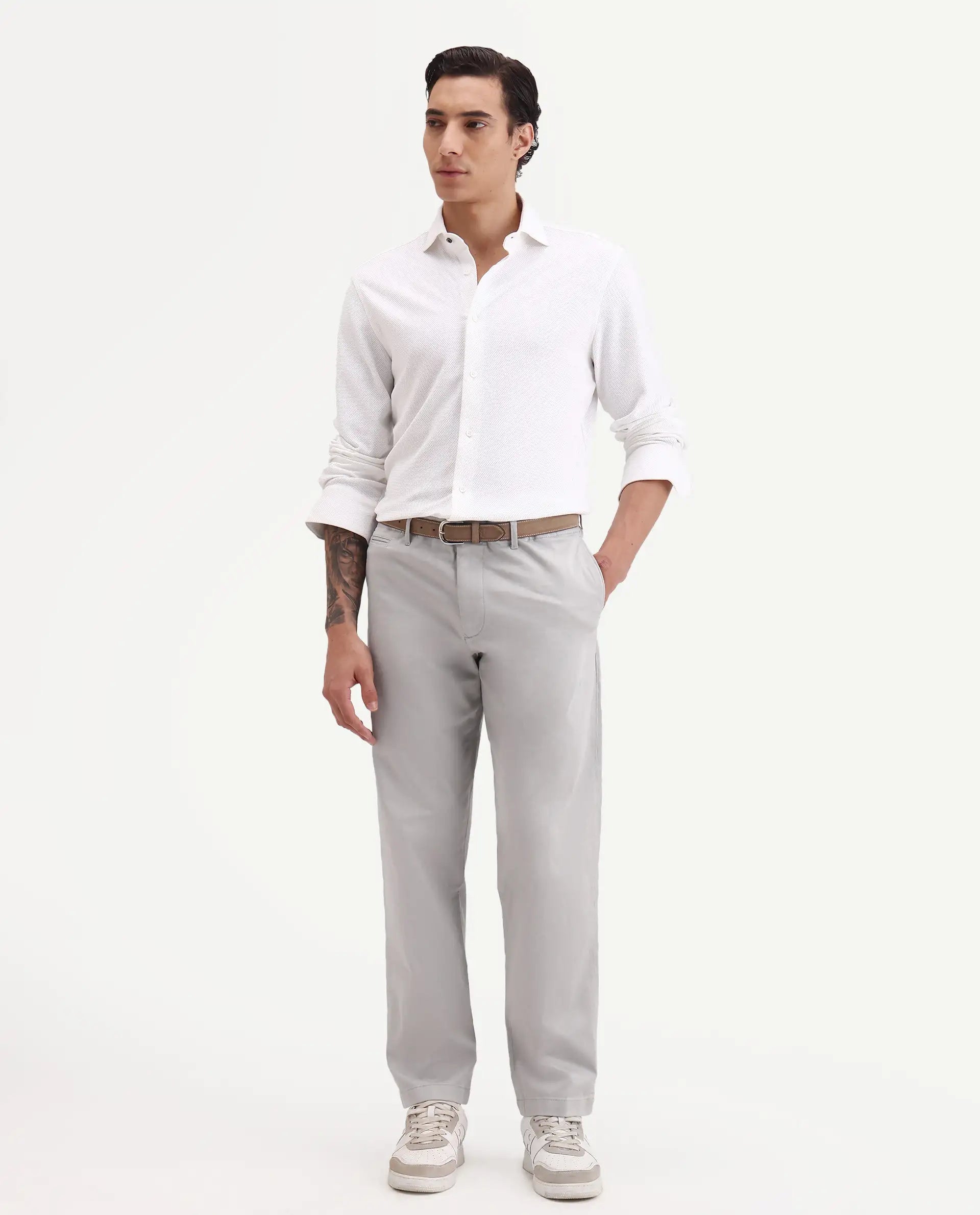 Rare Rabbit Men's Parga Light Grey Cotton Blend Fabric Regular Fit Plain Trouser