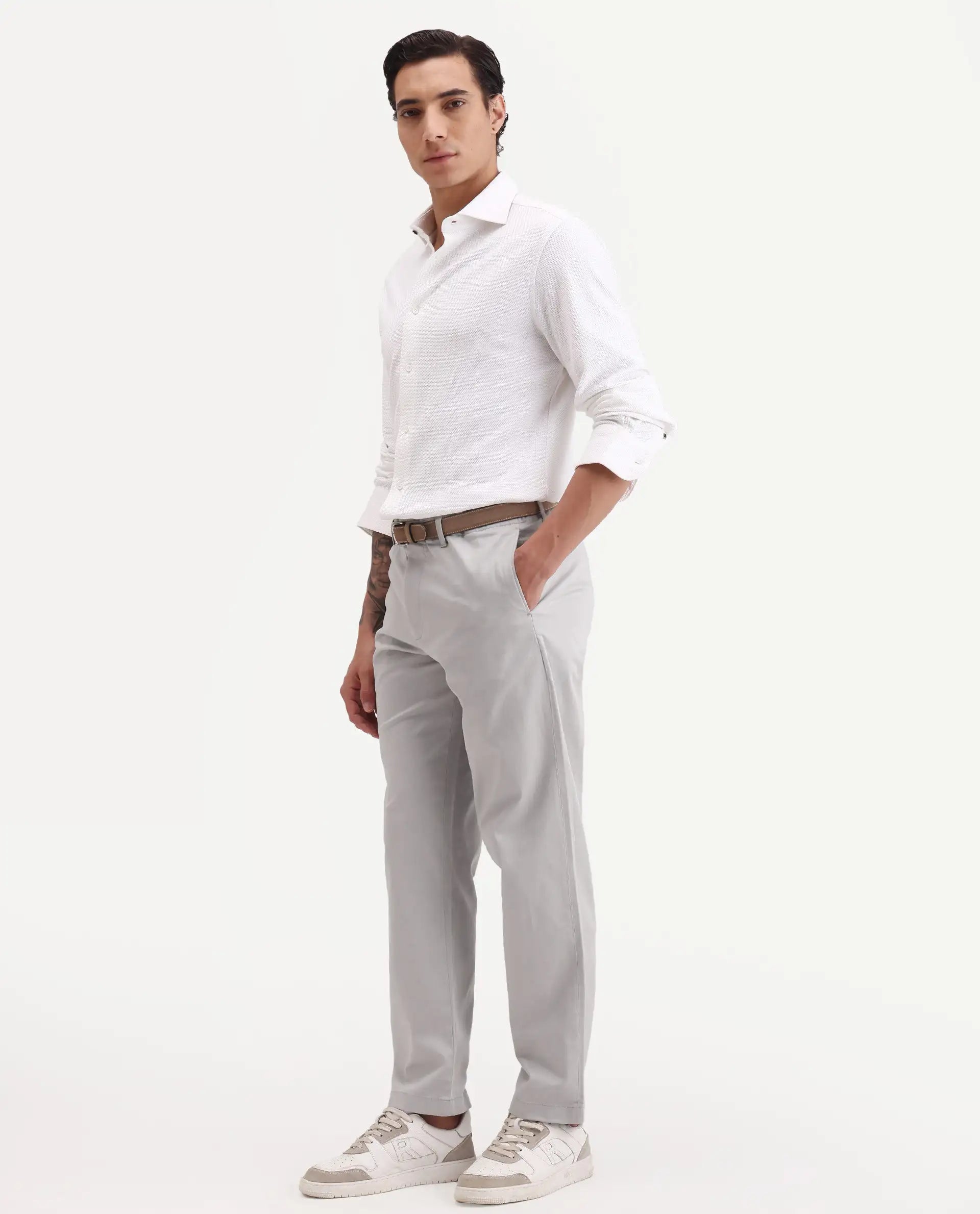 Rare Rabbit Men's Parga Light Grey Cotton Blend Fabric Regular Fit Plain Trouser