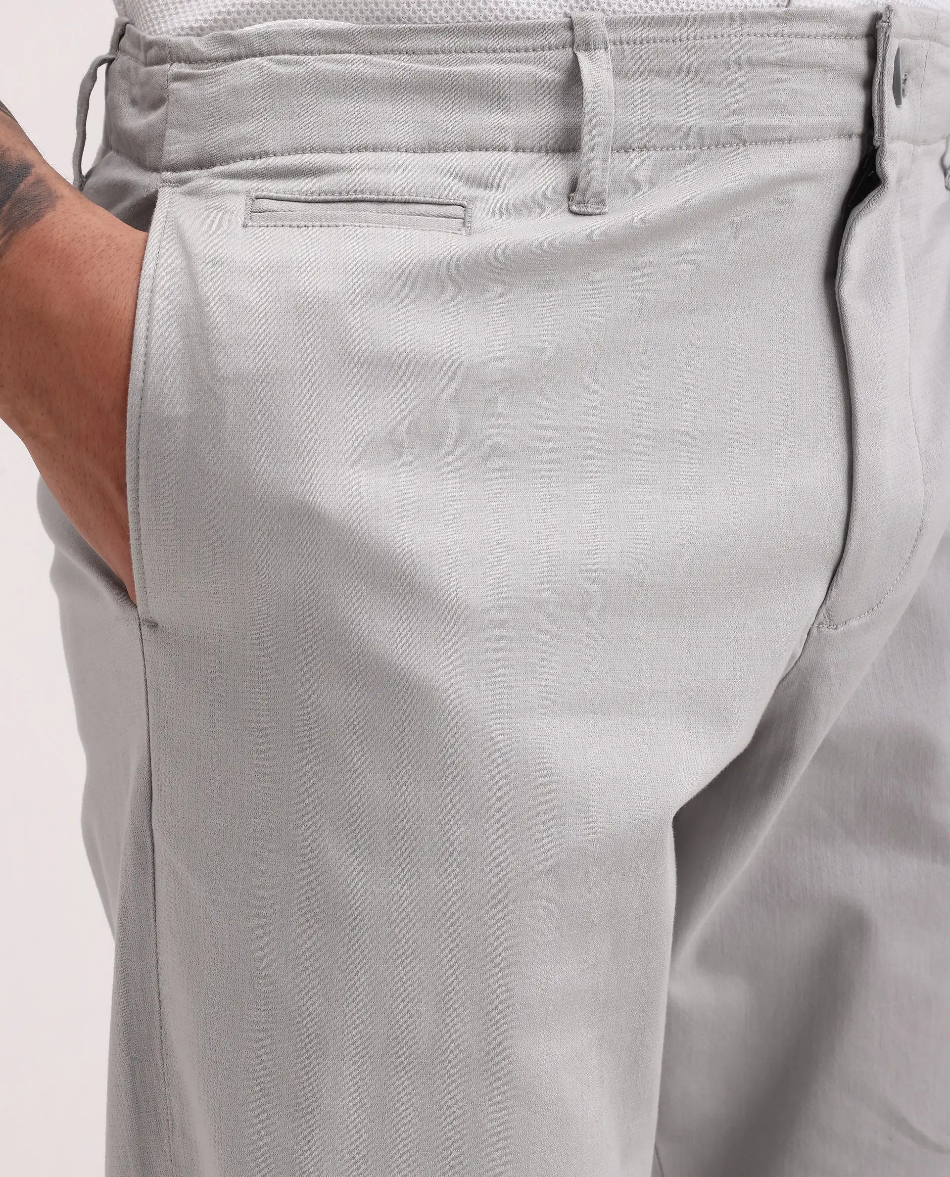 Rare Rabbit Men's Parga Light Grey Cotton Blend Fabric Regular Fit Plain Trouser