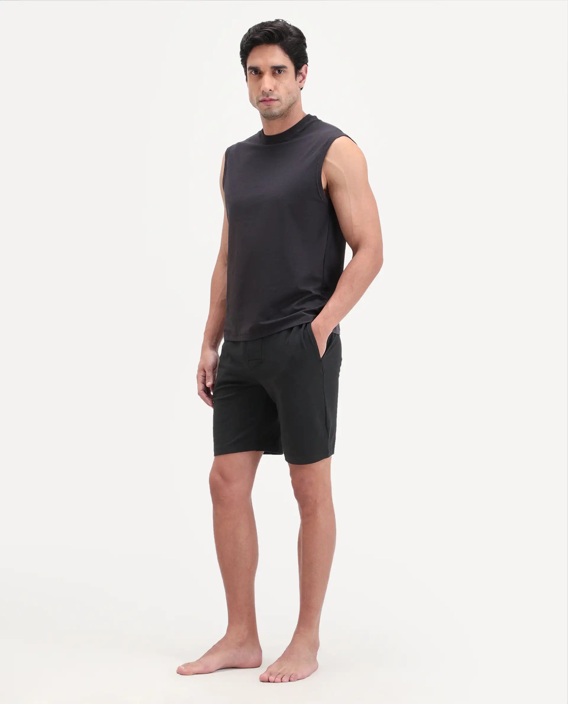 Rare Rabbit Men's Pont Black Cotton Fabric Relaxed Fit Plain Stretchable Shorts