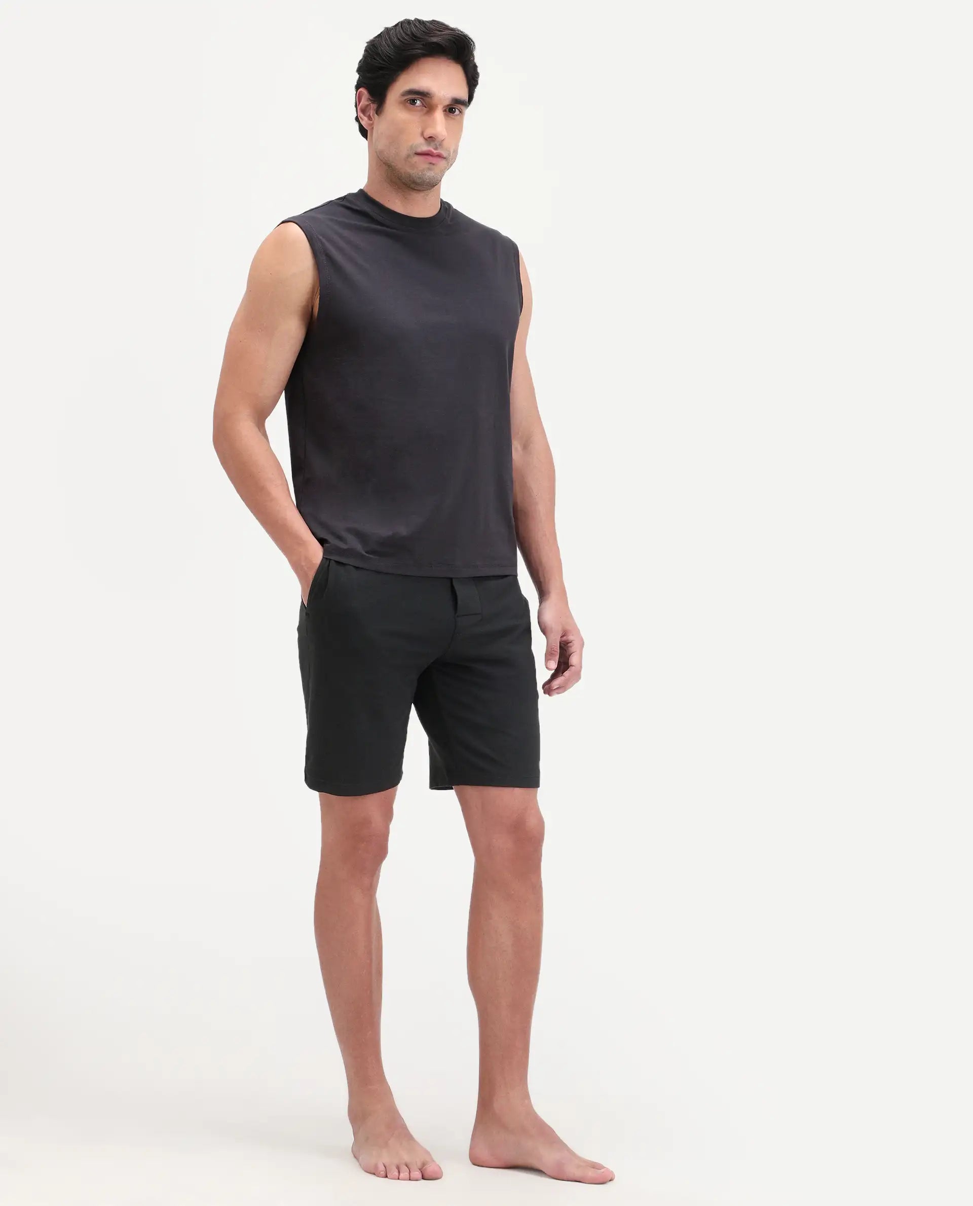 Rare Rabbit Men's Pont Black Cotton Fabric Relaxed Fit Plain Stretchable Shorts