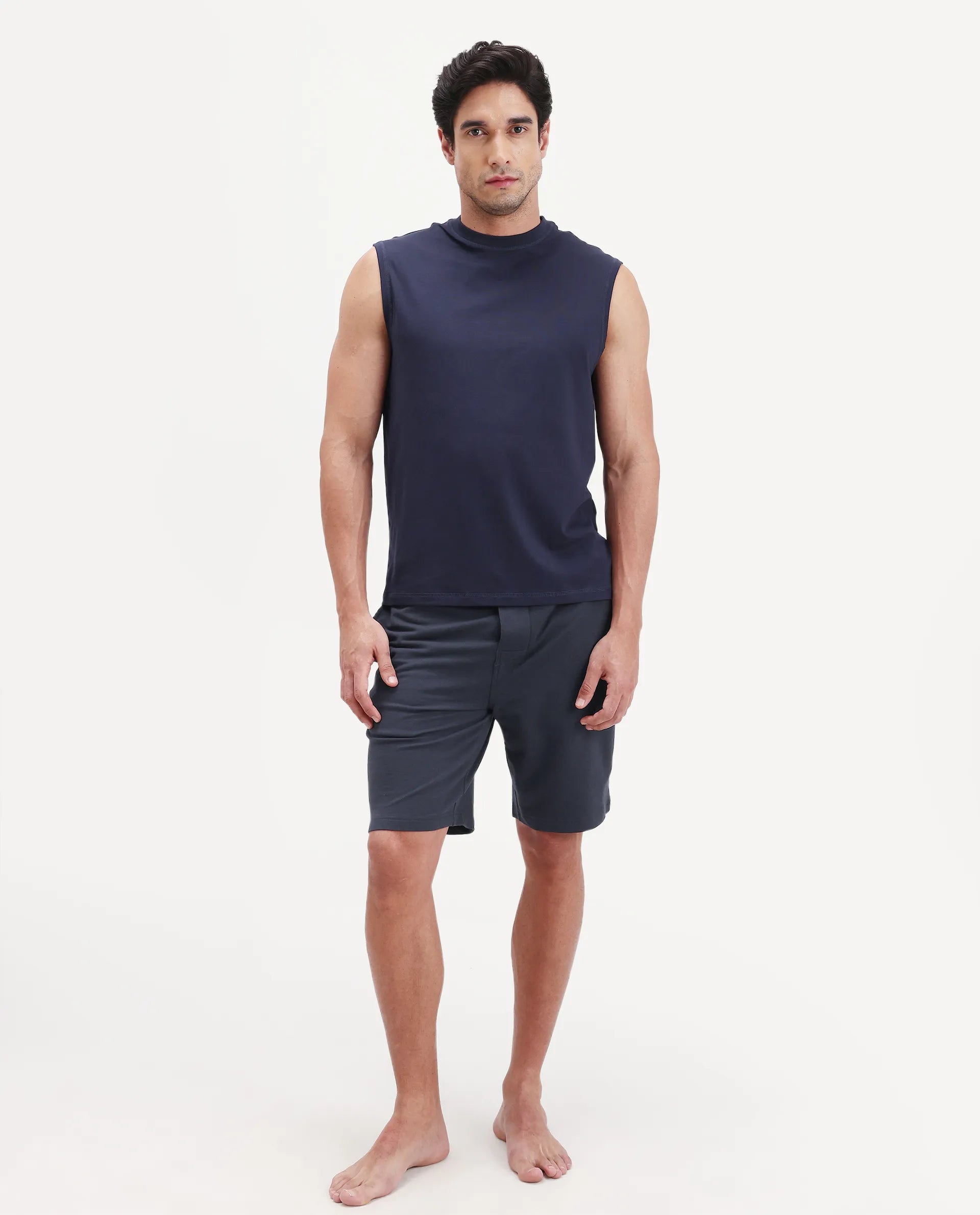 Rare Rabbit Men's Pont Navy Cotton Fabric Relaxed Fit Plain Stretchable Shorts