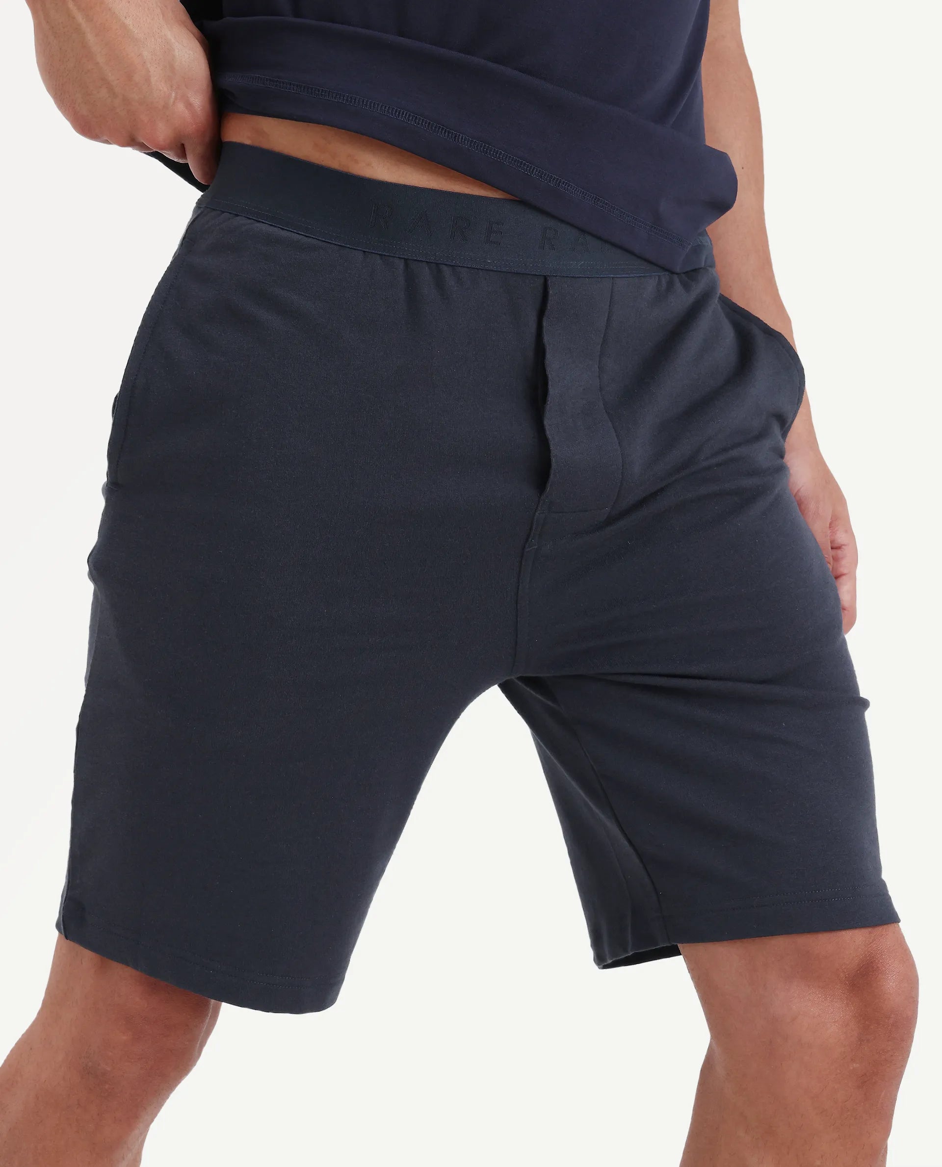 Rare Rabbit Men's Pont Navy Cotton Fabric Relaxed Fit Plain Stretchable Shorts