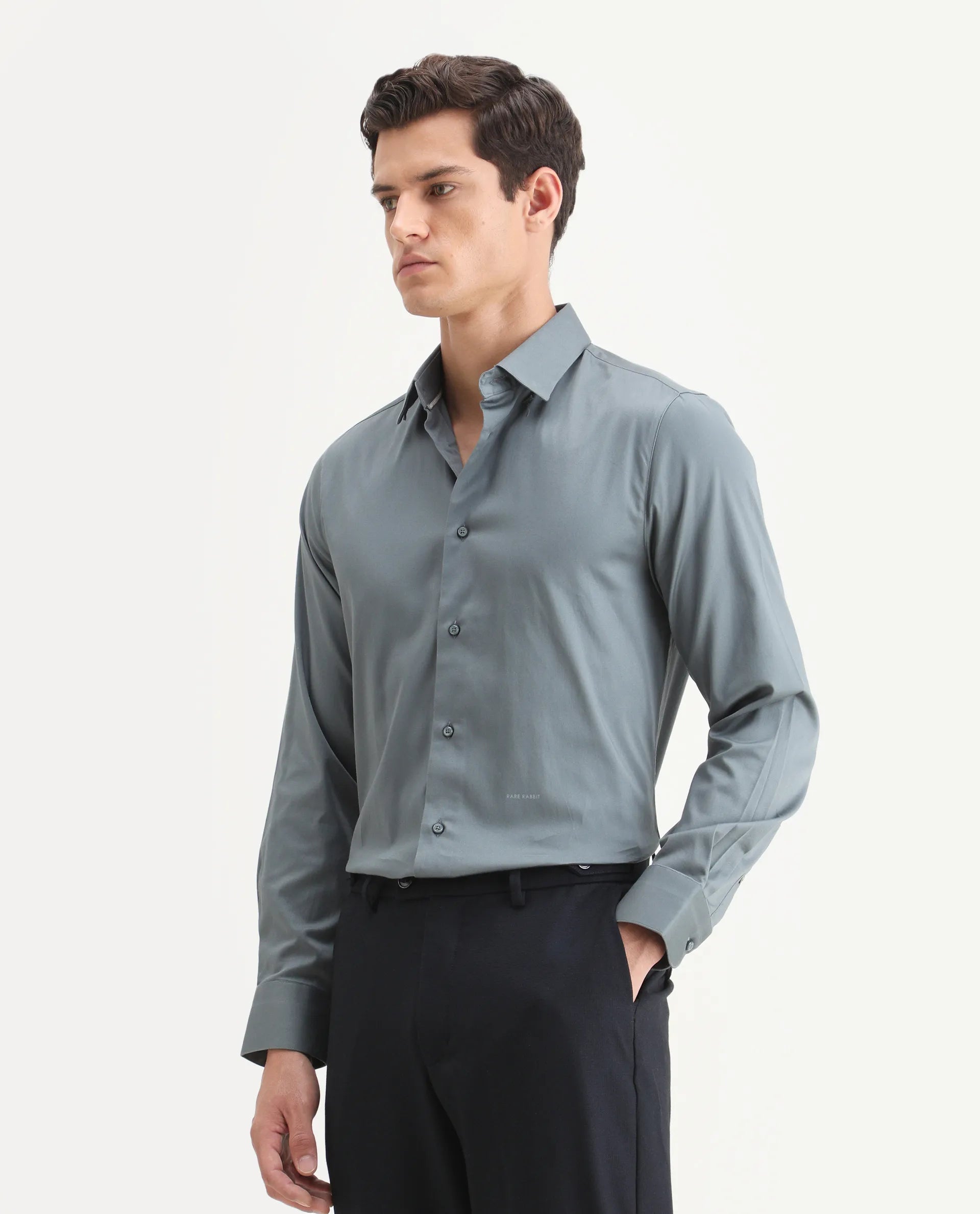 Rare Rabbit Men's Como-25 Dusky Blue Cotton Blend Plain Regular Fit Full Sleeve Collared Shirt