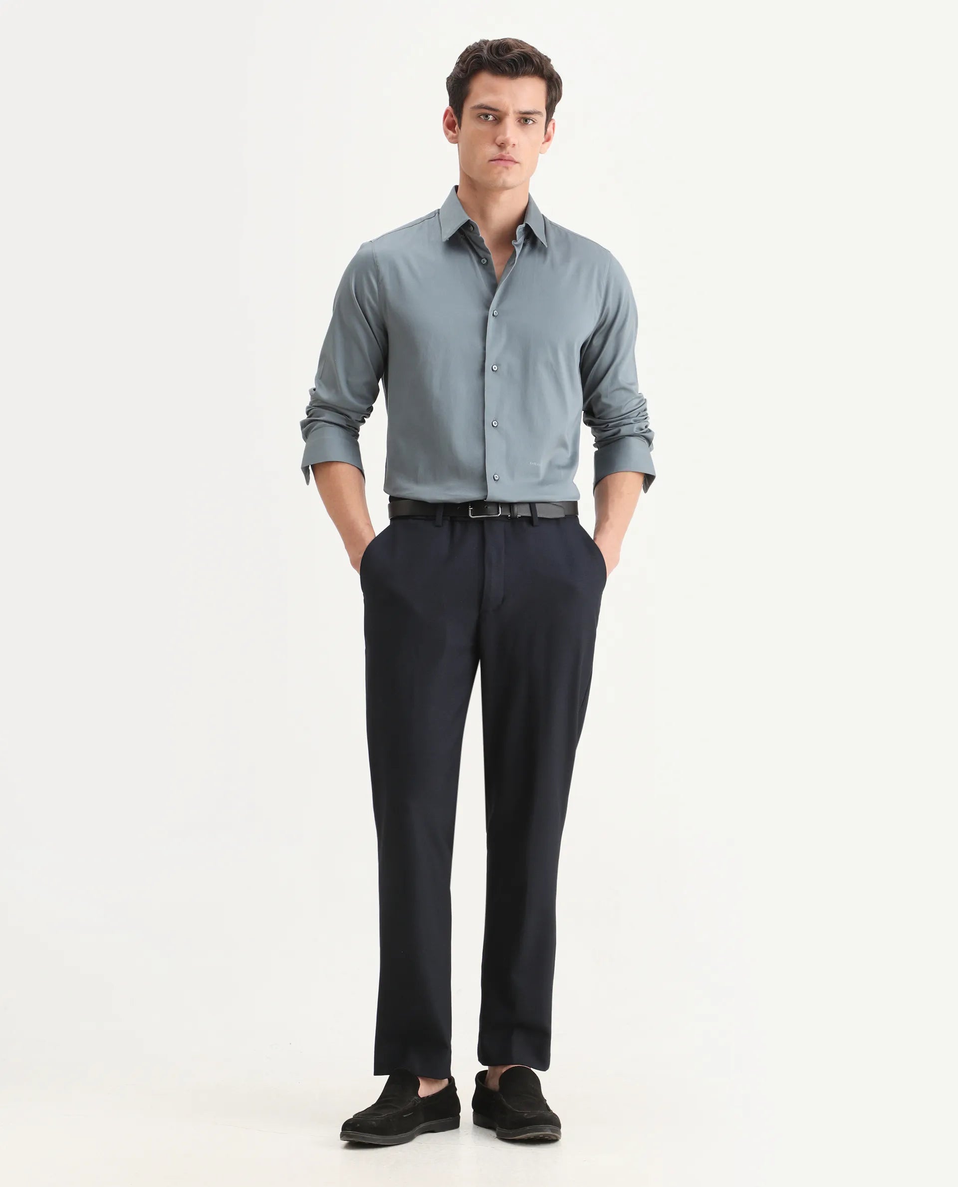 Rare Rabbit Men's Como-25 Dusky Blue Cotton Blend Plain Regular Fit Full Sleeve Collared Shirt