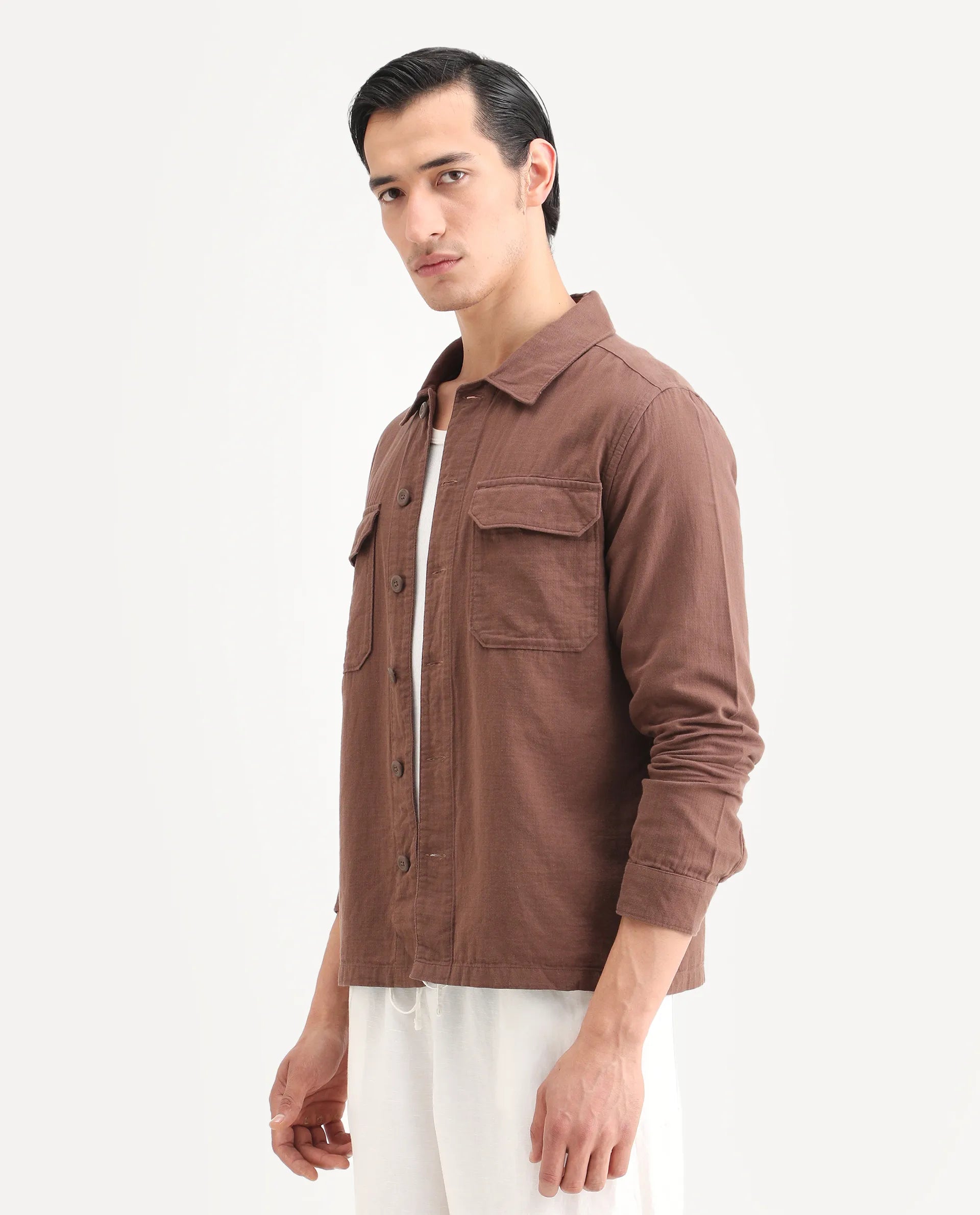 Rare Rabbit Men's Prest-25 Dusky Brown Cotton Plain Regular Fit Full Sleeve Collared Shacket