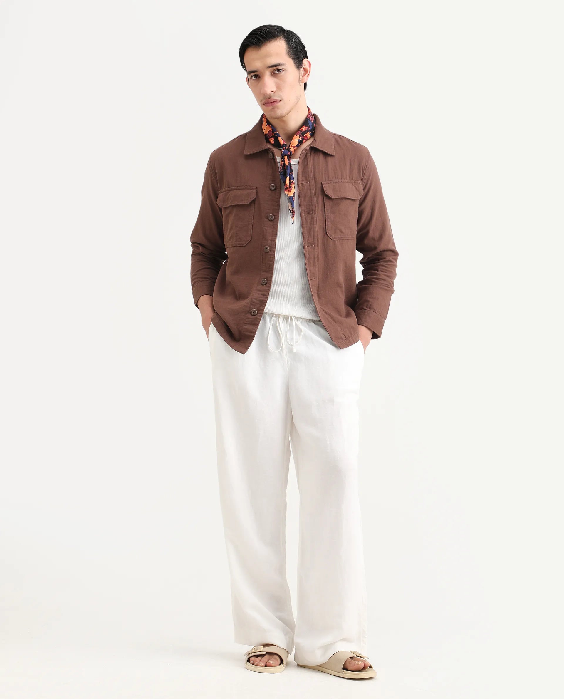 Rare Rabbit Men's Prest-25 Dusky Brown Cotton Plain Regular Fit Full Sleeve Collared Shacket