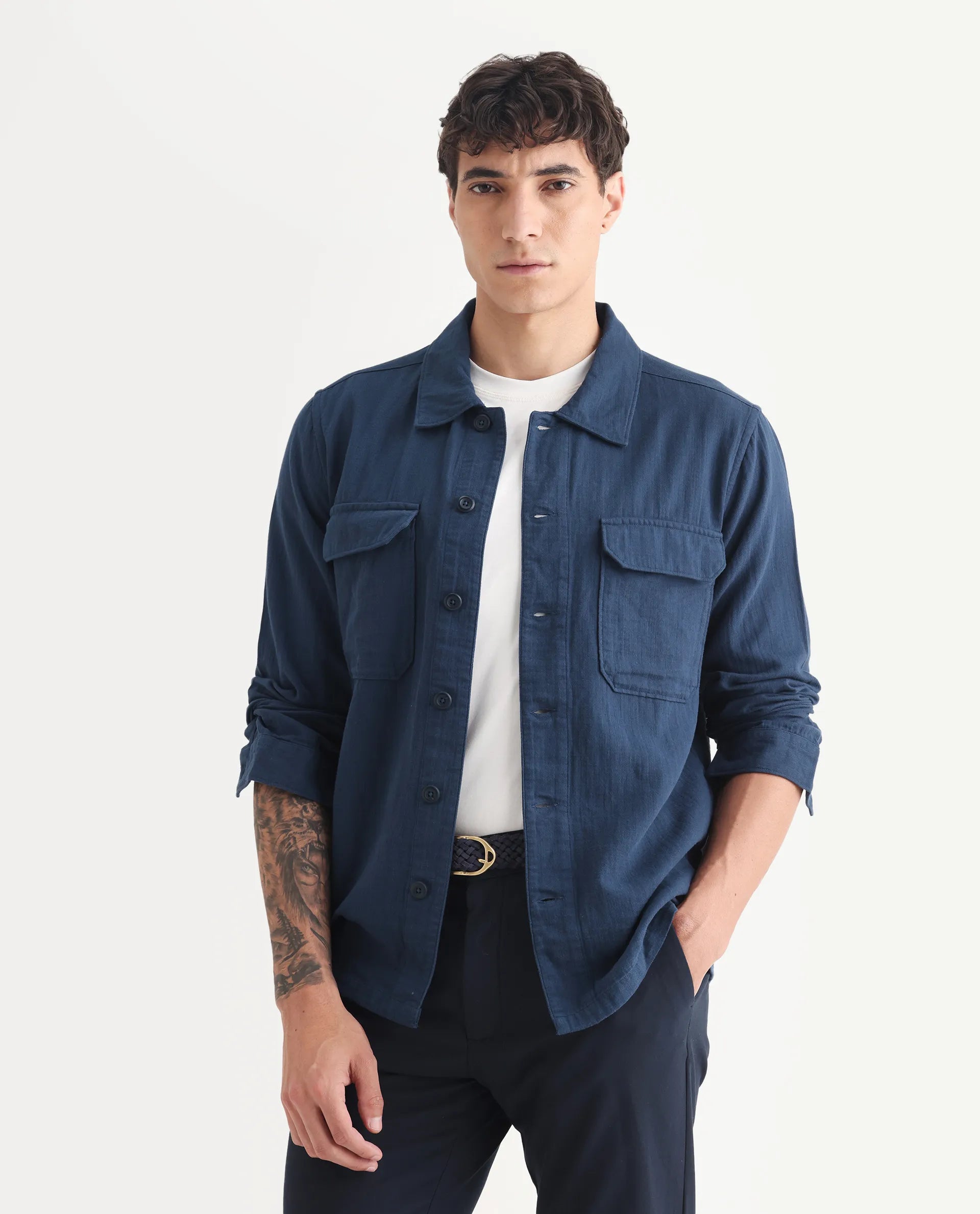 Rare Rabbit Men's Prest-25 Dusky Blue Cotton Plain Regular Fit Full Sleeve Collared Shacket