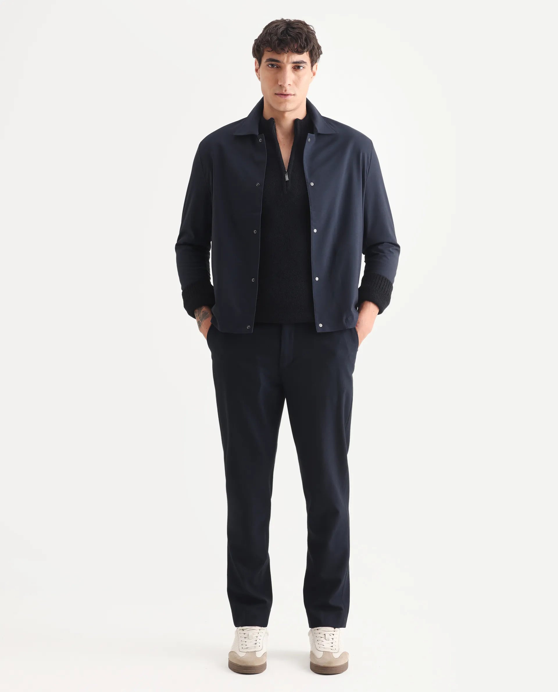 Rare Rabbit Men's Micraso Navy Polyester Blend Checked Print Regular Fit Full Sleeve Collared Shacket