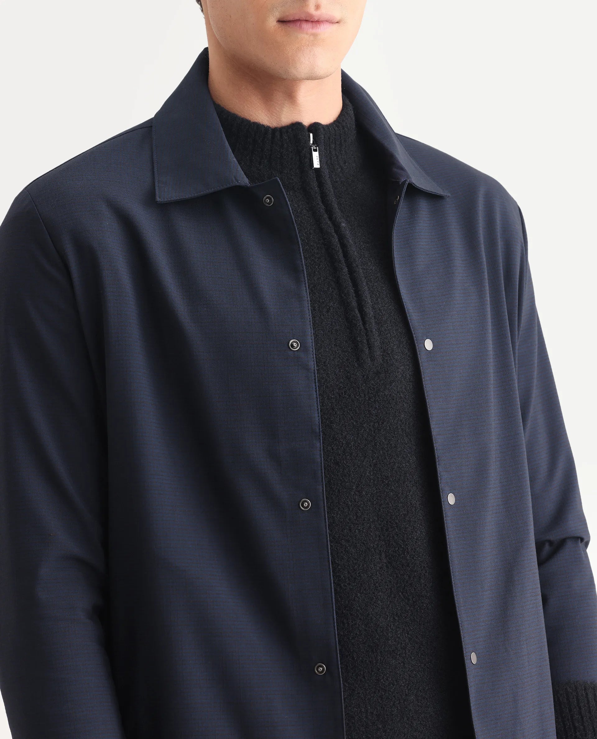 Rare Rabbit Men's Micraso Navy Polyester Blend Checked Print Regular Fit Full Sleeve Collared Shacket