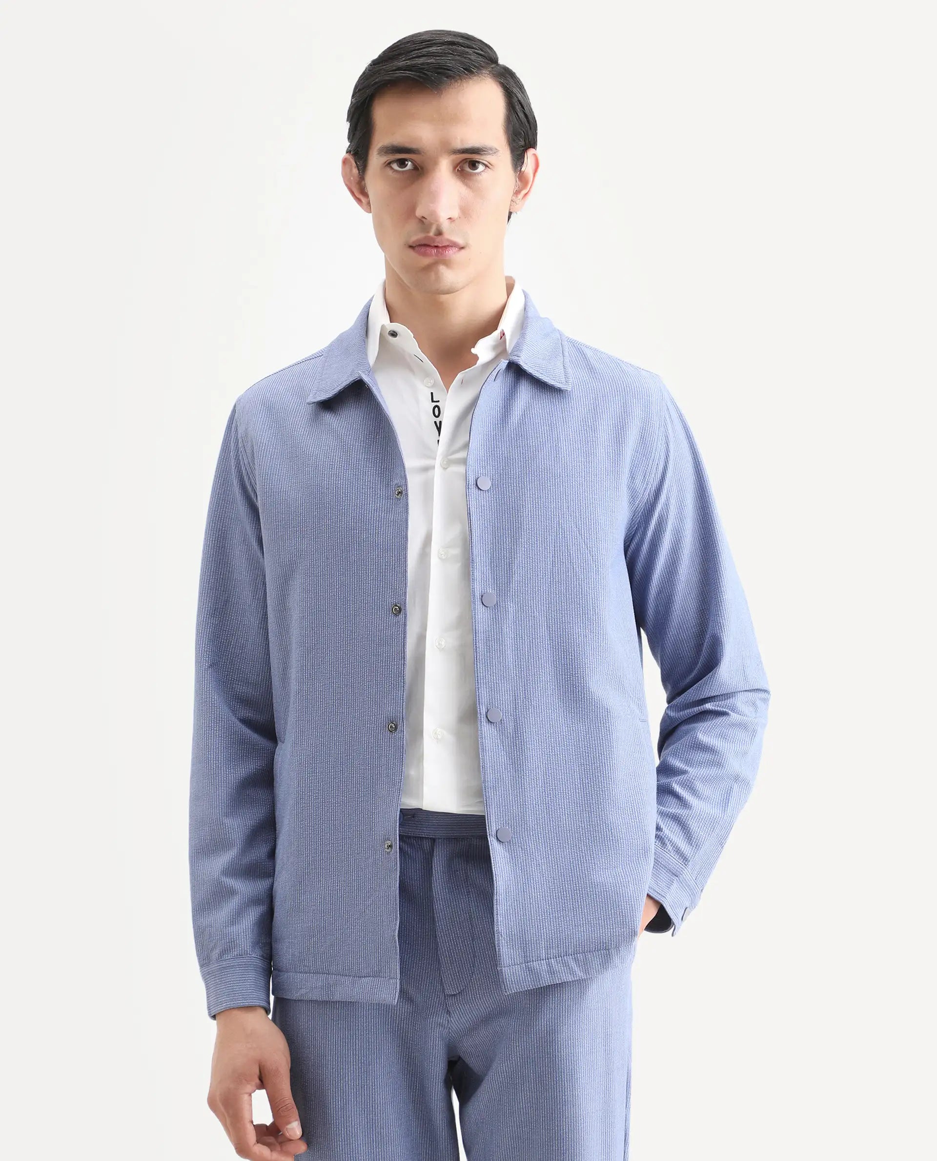 Rare Rabbit Men's Horns Blue Polyester Blend Striped Print Relaxed Fit Full Sleeve Collared Shacket
