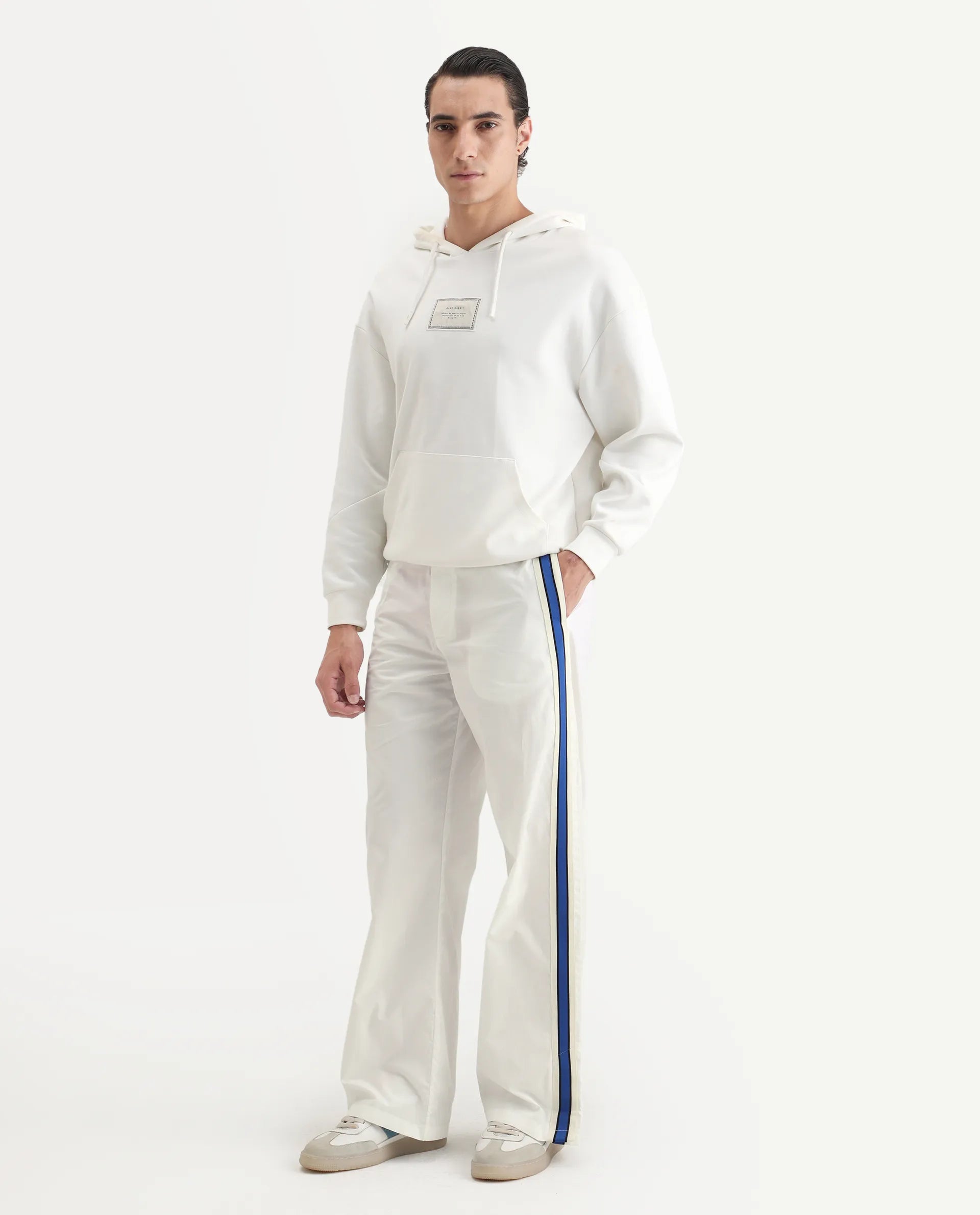 Rare Rabbit Men's Macon White Cotton Plain Baggy Fit Track Pant