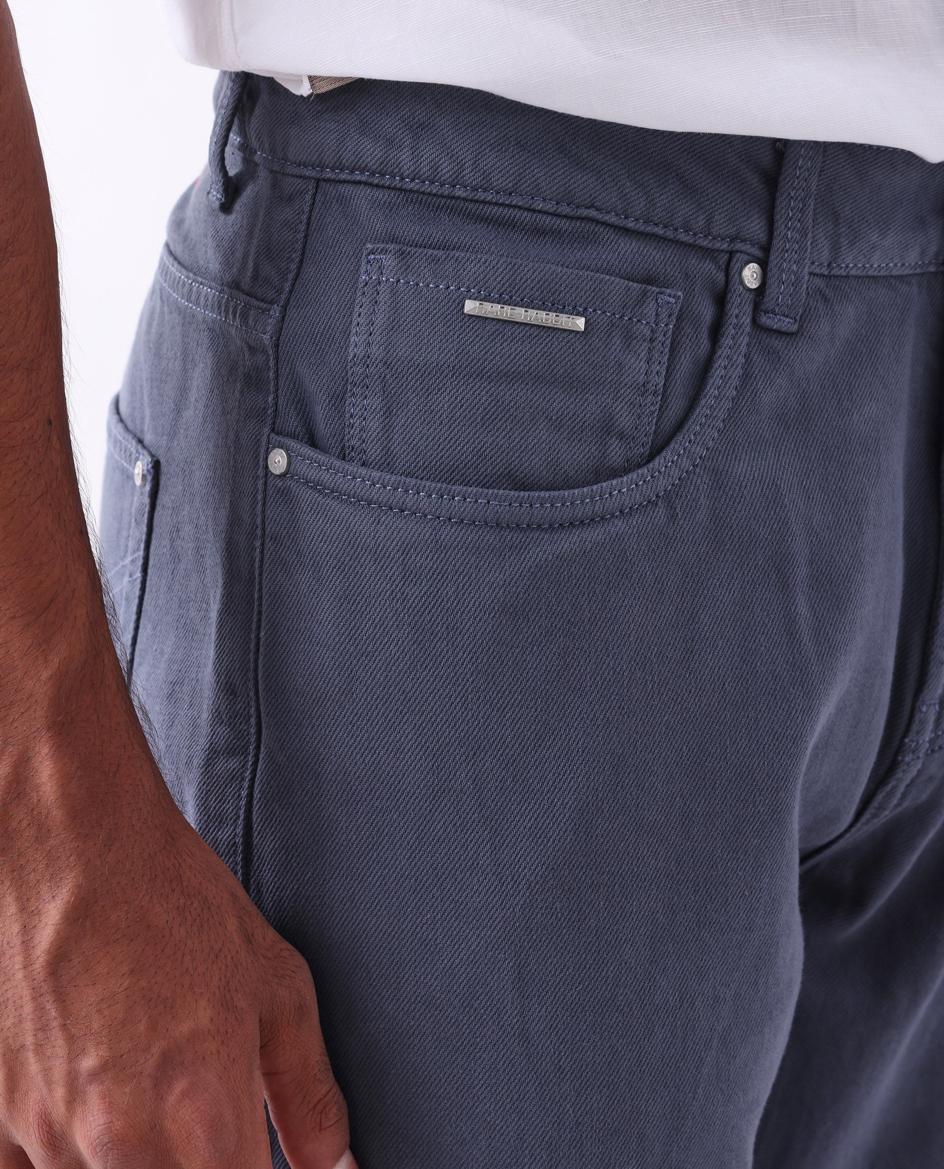 Rare Rabbit Men's Arvi Blue Cotton Plain Dond Carrot Fit Jeans