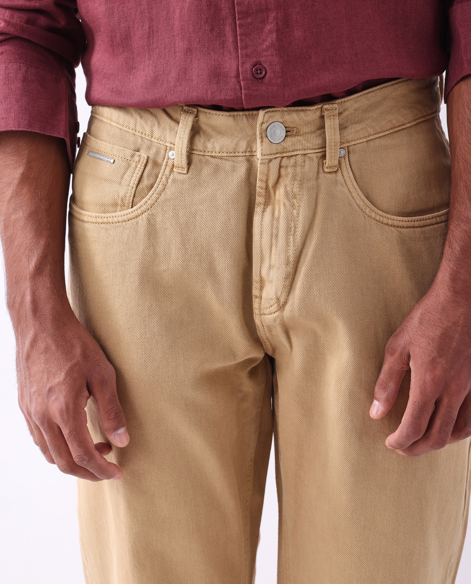 Rare Rabbit Men's Arvi Mustard Cotton Plain Dond Carrot Fit Jeans